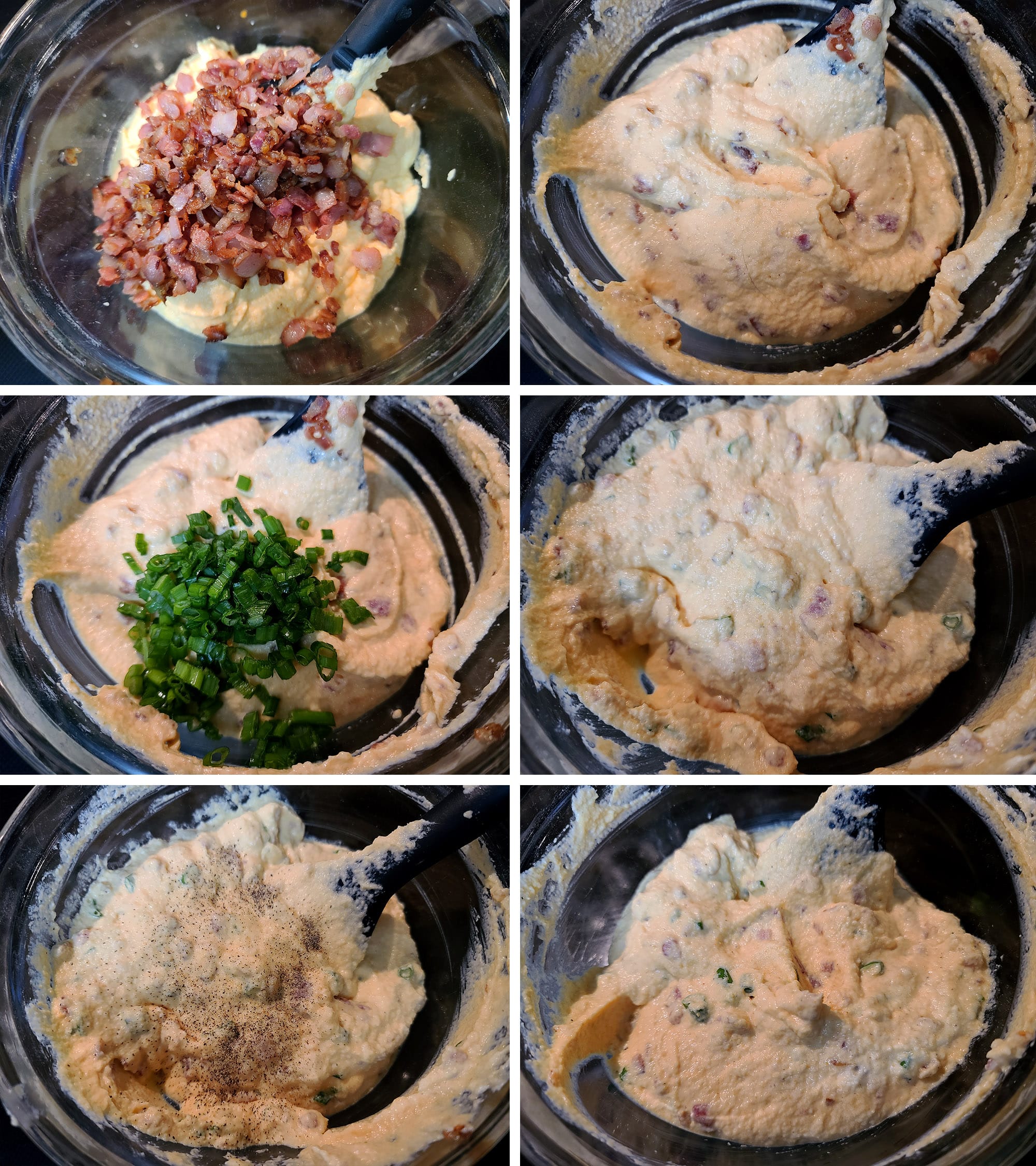 6 part image showing the bacon and green onions being stirred into the cheesy cauliflower dip, then seasoned with salt and pepper.