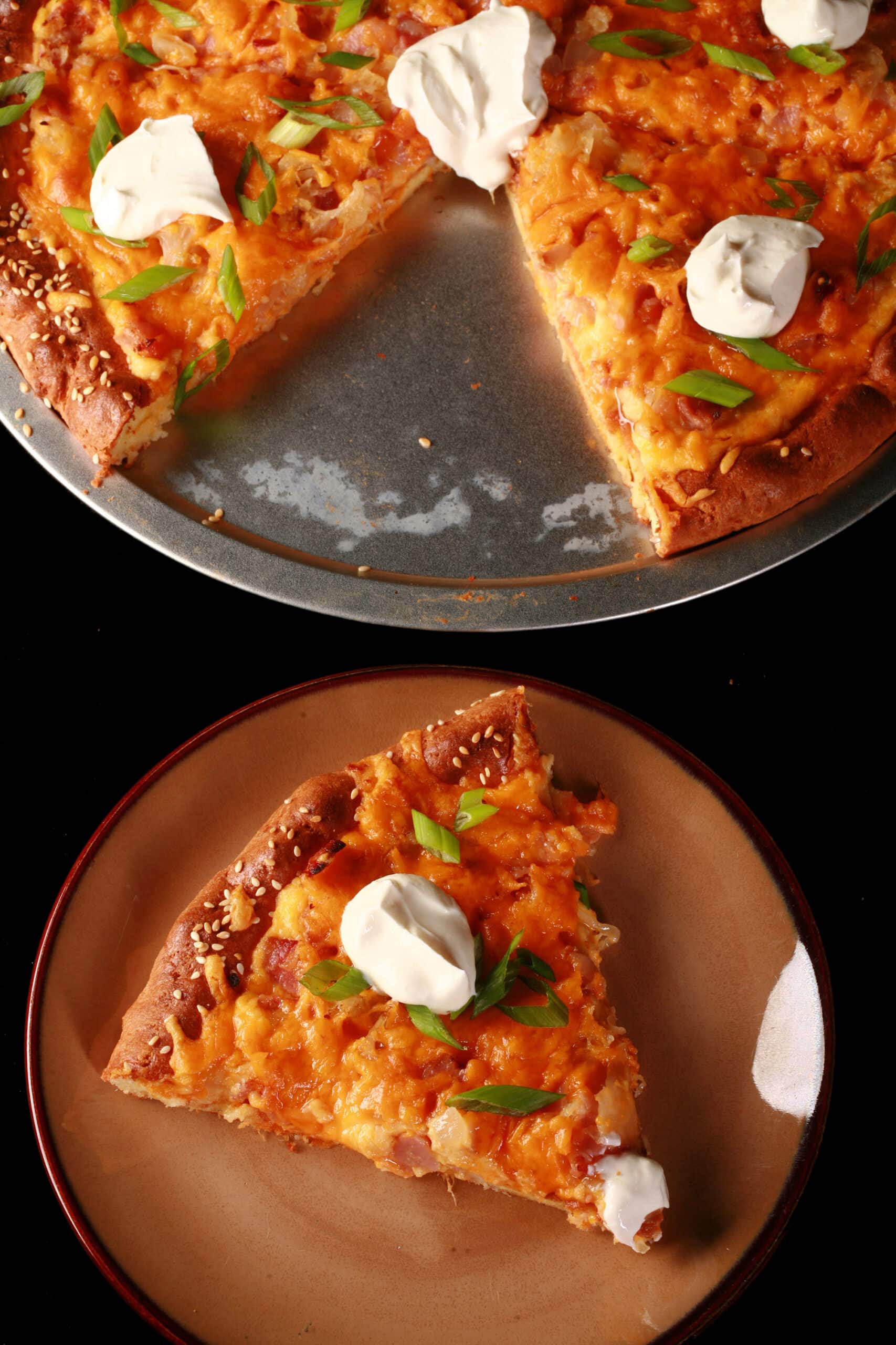 A keto pierogi pizza topped with sour cream and sliced green onions.