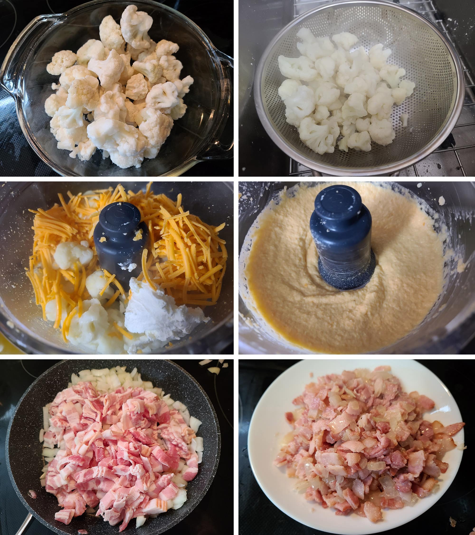 6 part image showing the cheesy cauliflower sauce being made, and the bacon and onions being cooked separately.