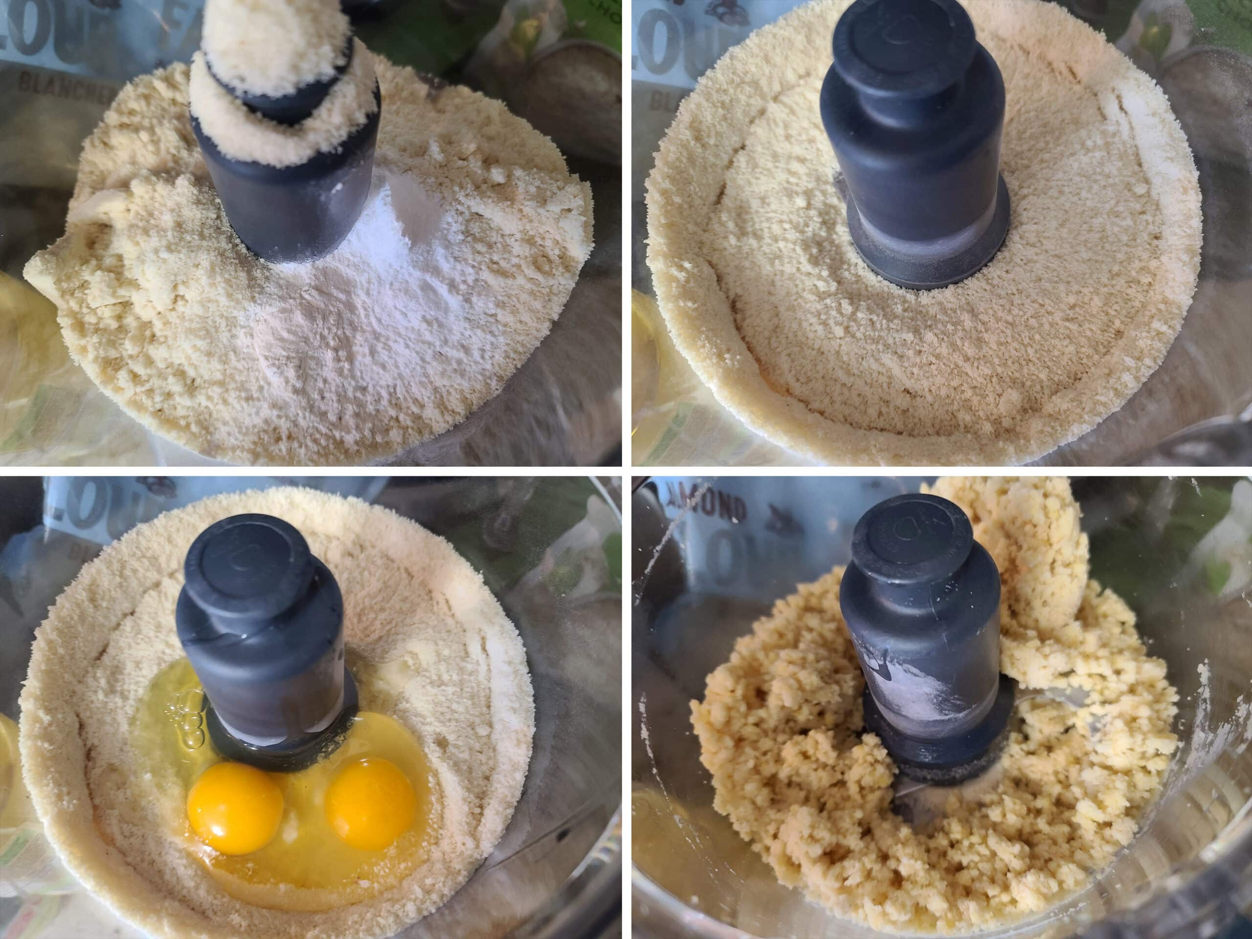 4 part image showing the dry ingredients and then the egg being blitzed together in a food processor.