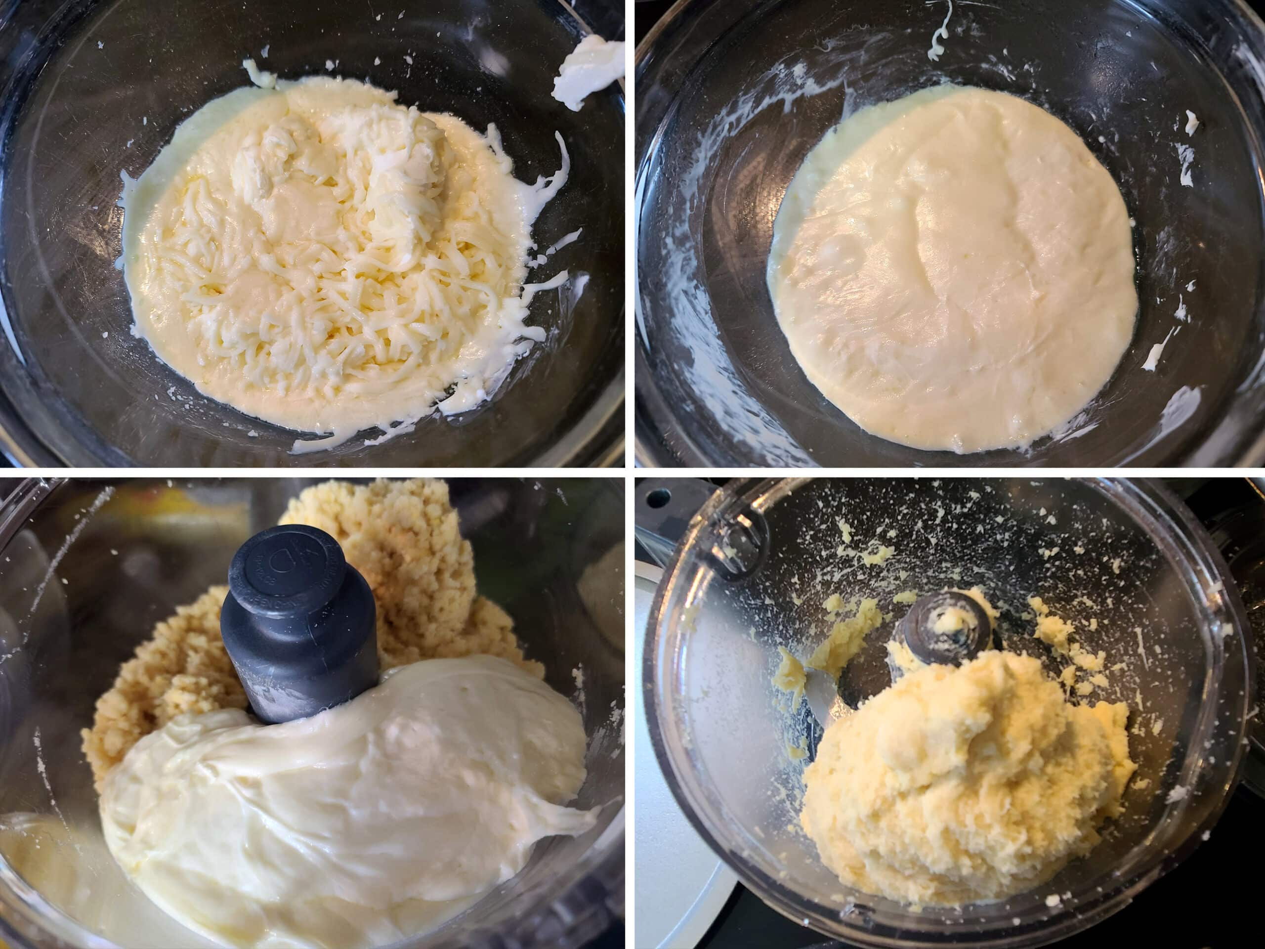 4 part image showing mozzarella and cream cheese being melted together, added to the food processor, and blitzed with the dry ingredients to create a fathead dough.