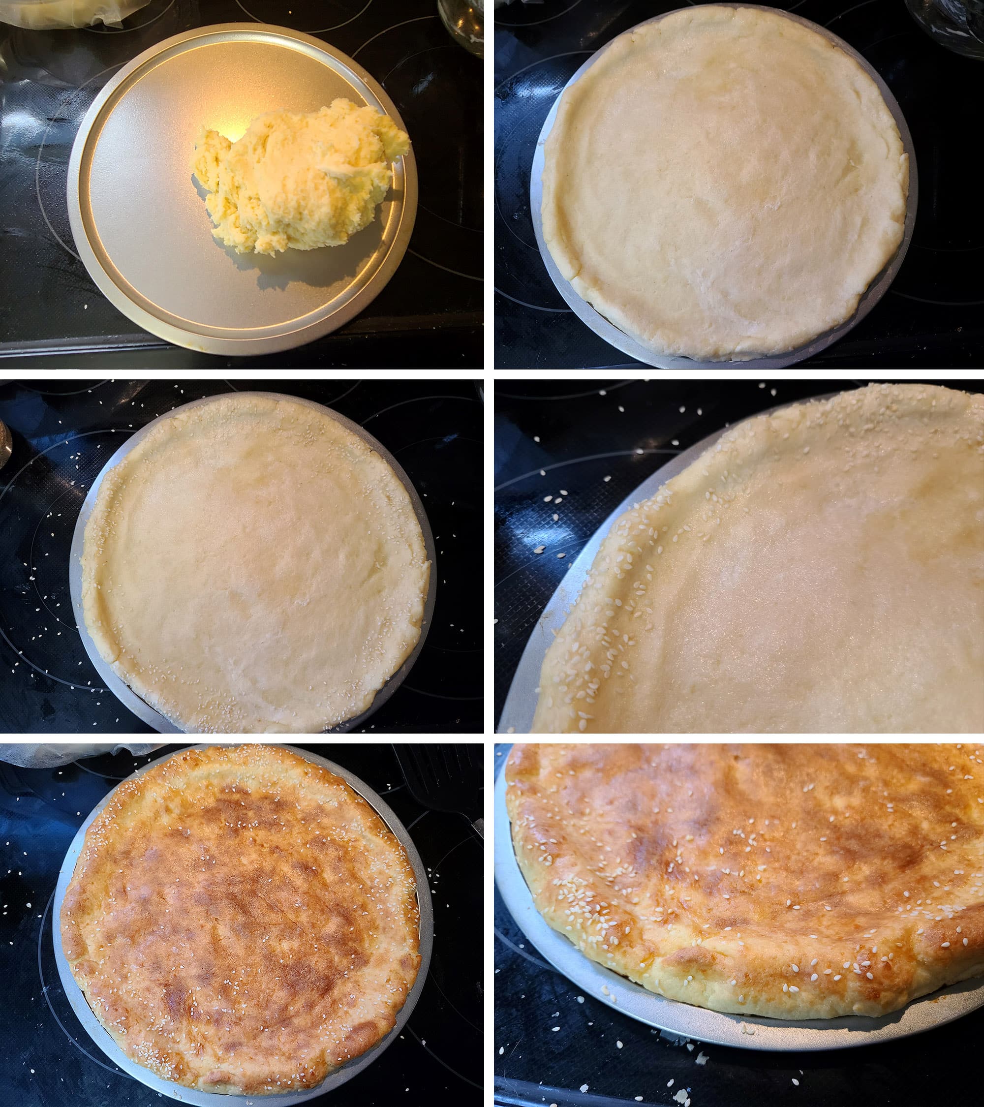 6 part image showing the dough being pressed into a 12 inch pizza pan, sprinkled with sesame seeds, then baked.