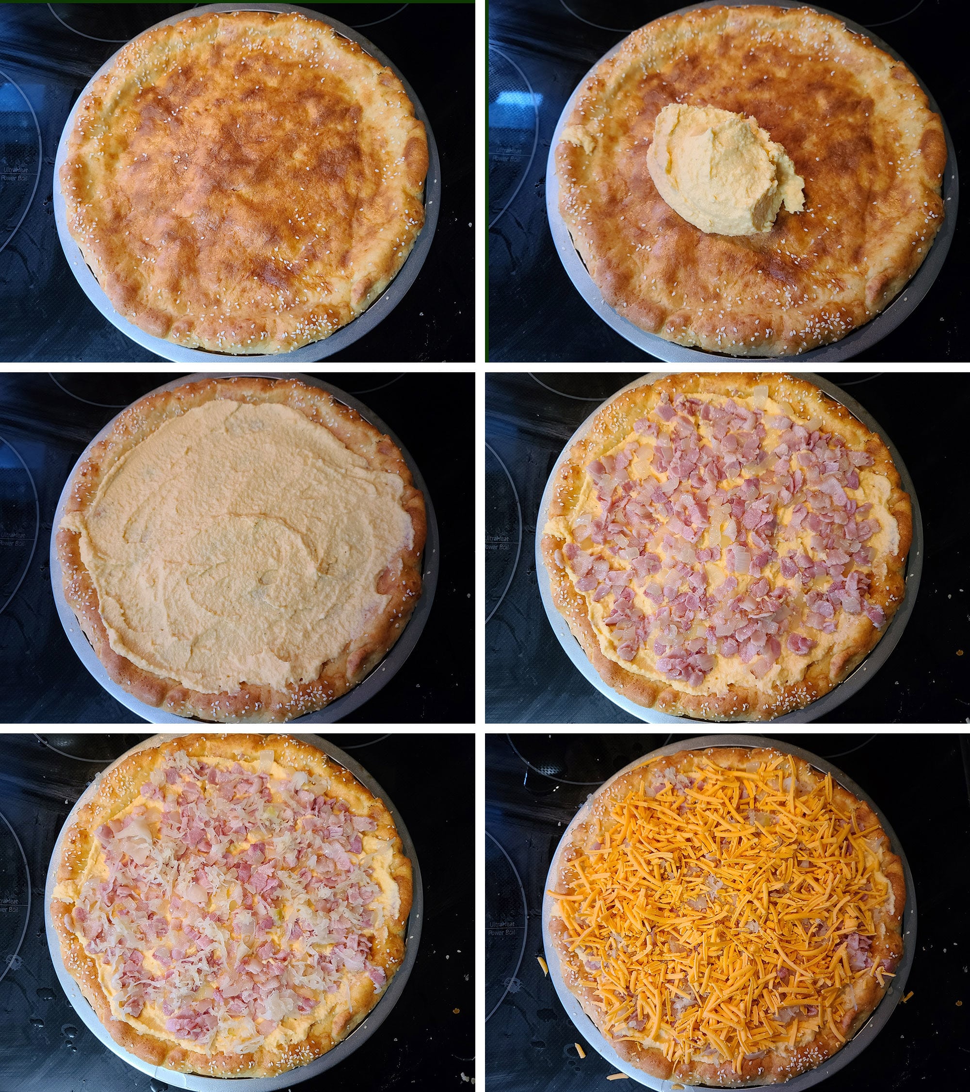 6 part image showing the baked keto fathead pizza crust being topped with cheesy cauliflower sauce, bacon, onions, saurkraut, and cheese.