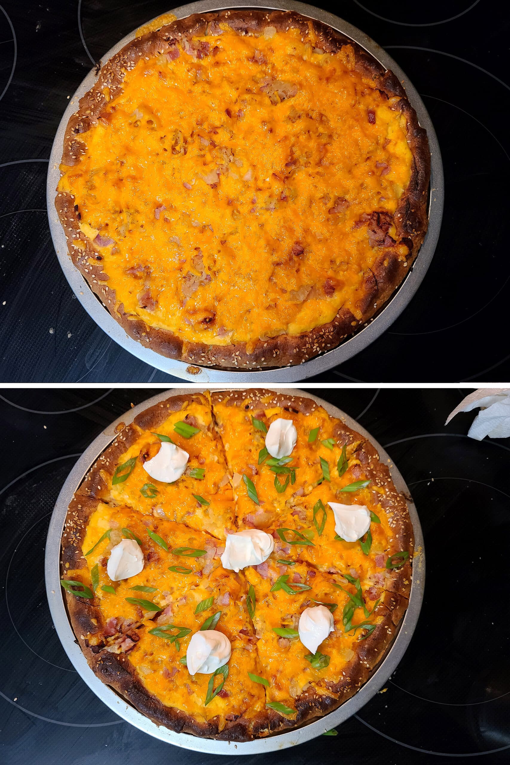 2 part image showing the baked keto pirogi pizza being topped with sliced green onions and dollops of sour cream.