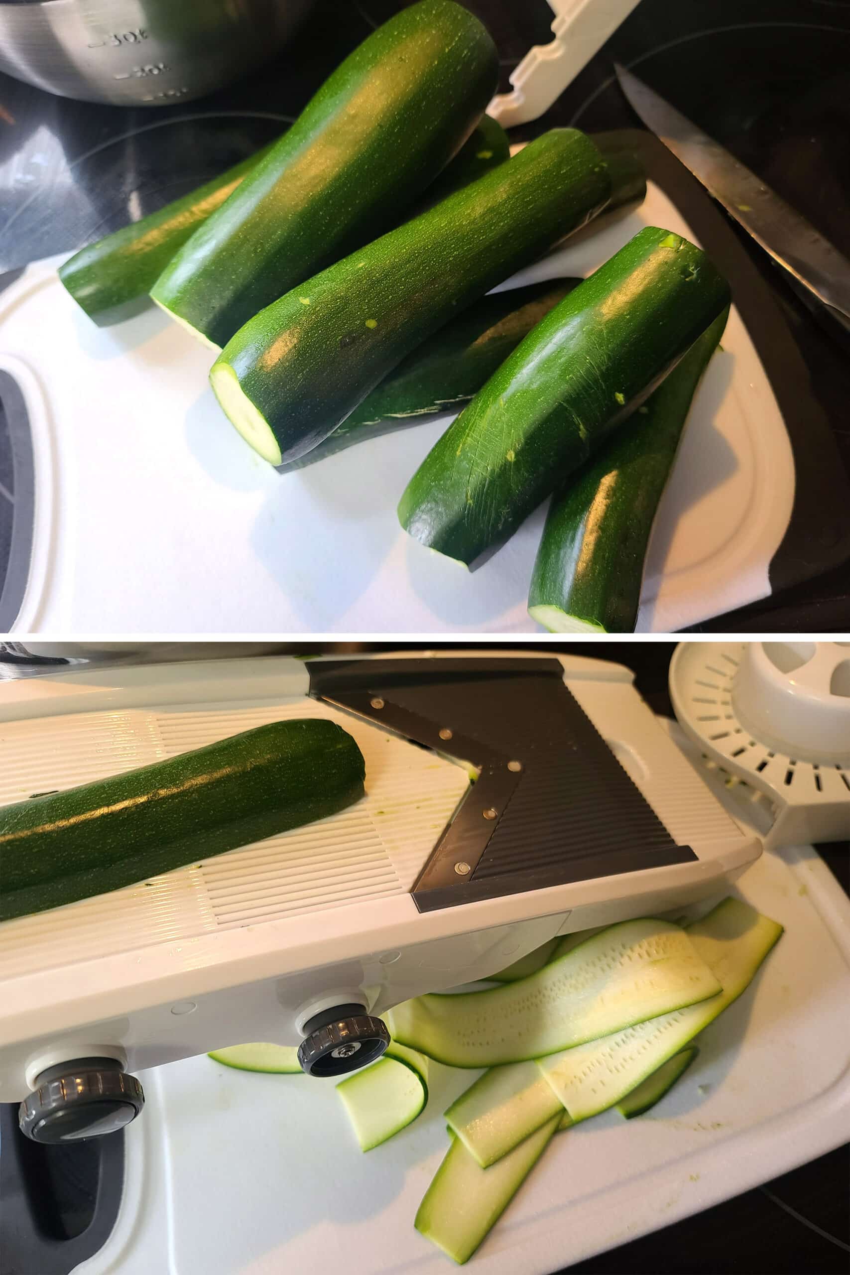 A 2 part image showing zucchinis being trimmed and thinly sliced on a mandoline.