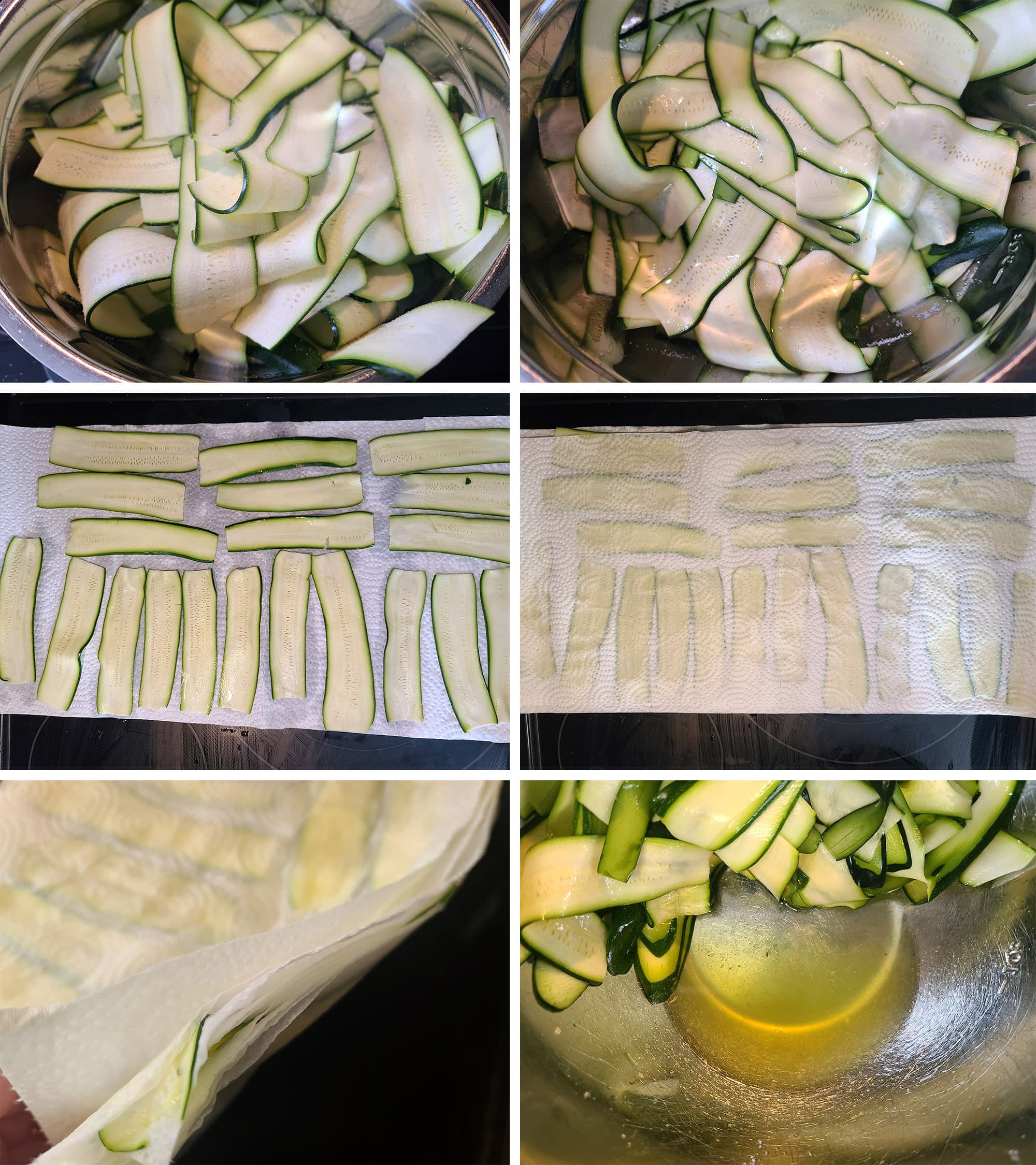 6 part image showing zucchini slices being salted in a bowl then sandwiched between paper towels.
