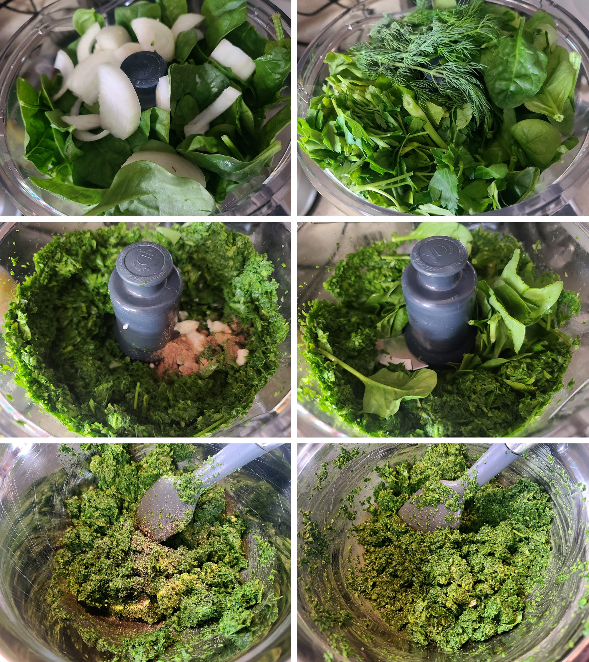 A 5 part image showing the spanakopita spinach pesto mixture being made.