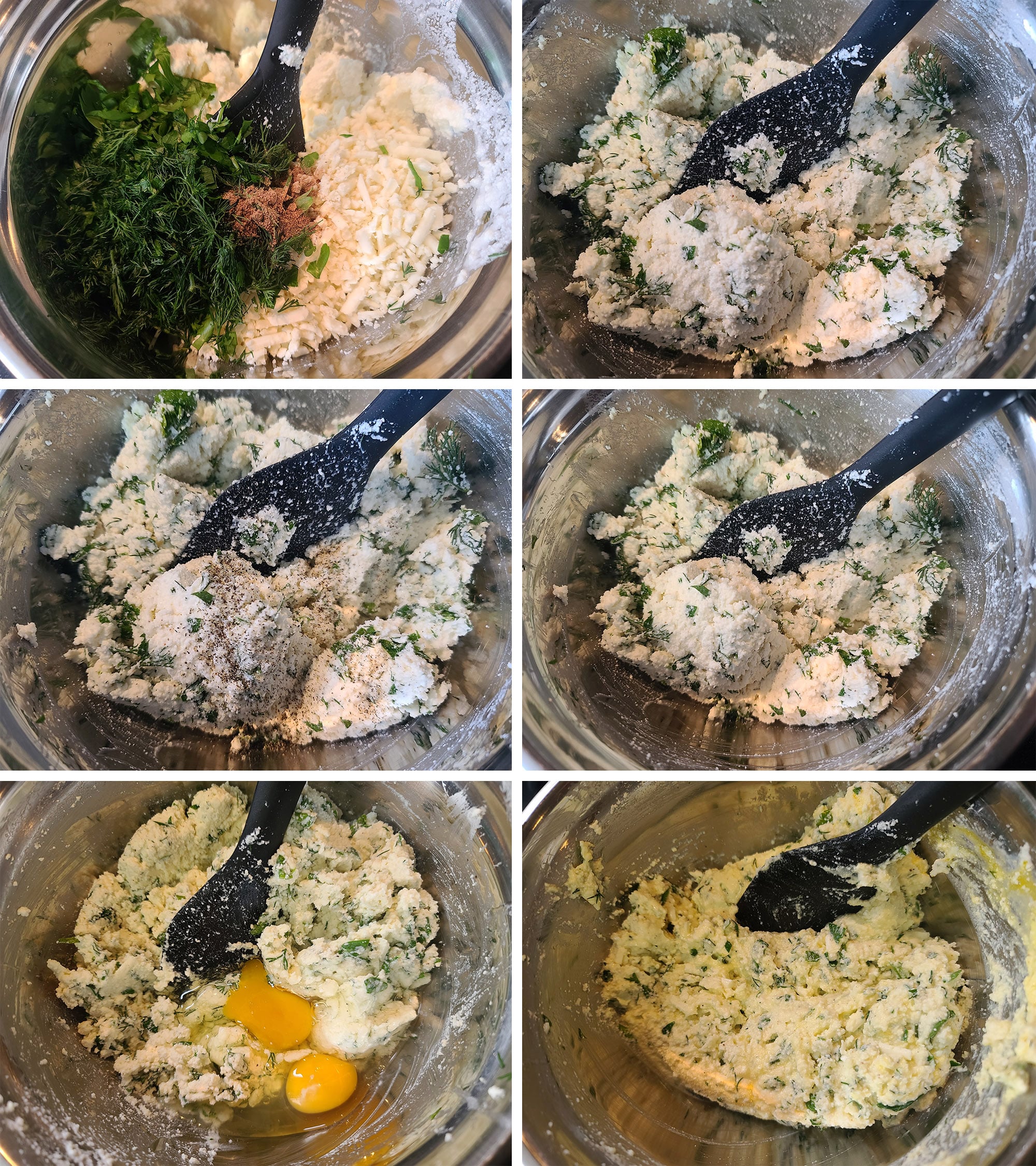 A 6 part image showing the ricotta and feta mixture being made.