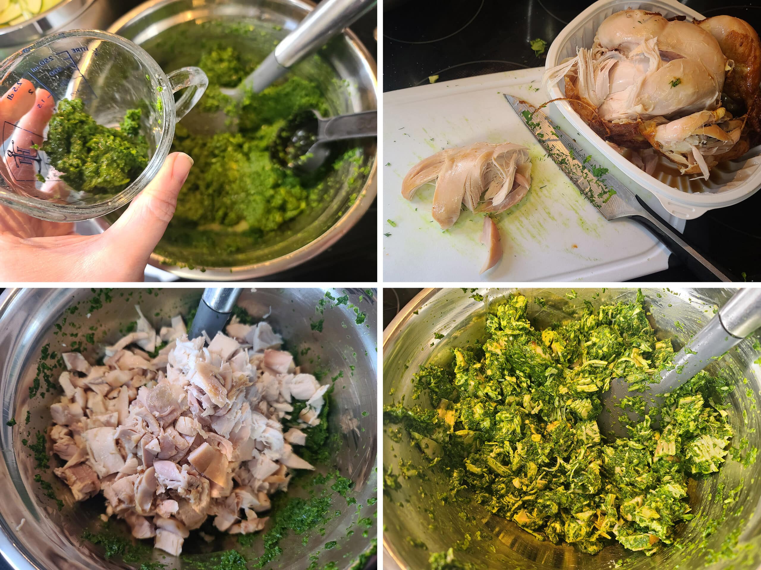 A 4 part image showing part of the spinach mixture being removed, a chicken being cut up, and the bulk of the spinach pesto being mixed with the chopped chicken.