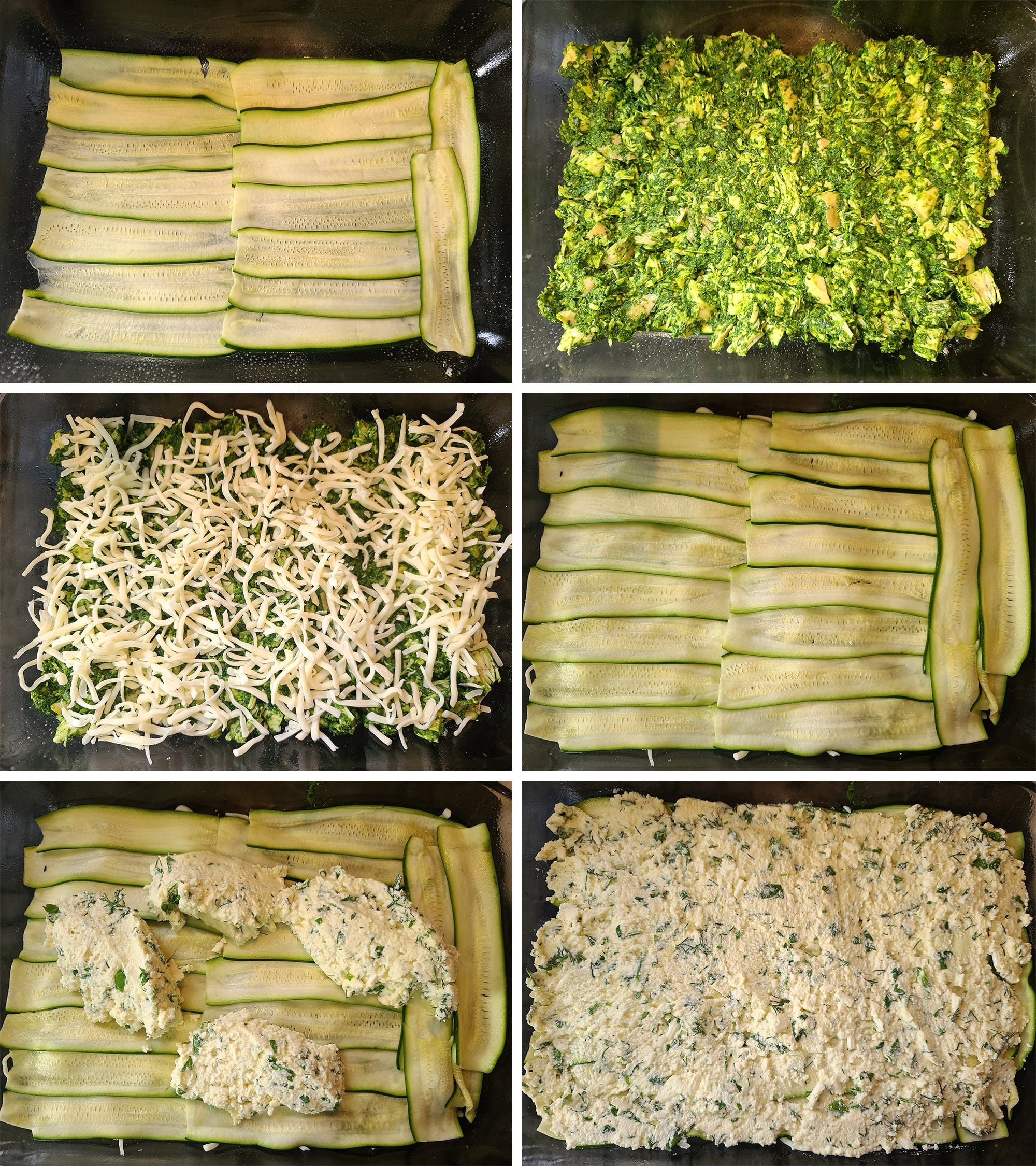 A 6 part image showing the first few layers of the spinach feta lasagna being assembled.