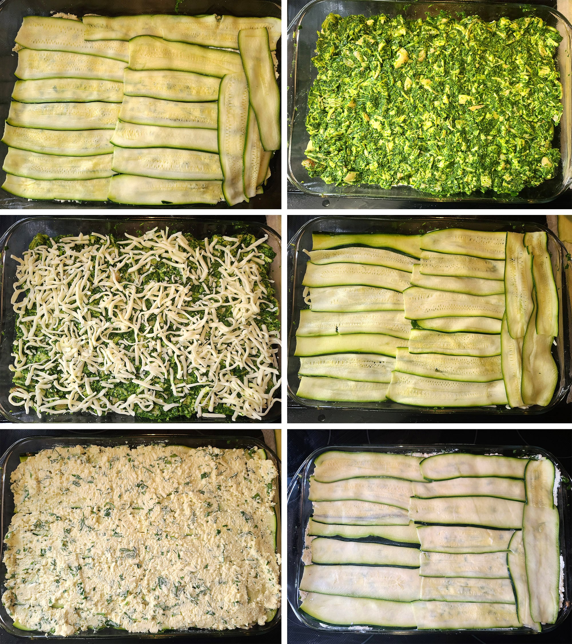 A 6 part image showing the last several layers of the keto spanakopita lasagna being assembled.