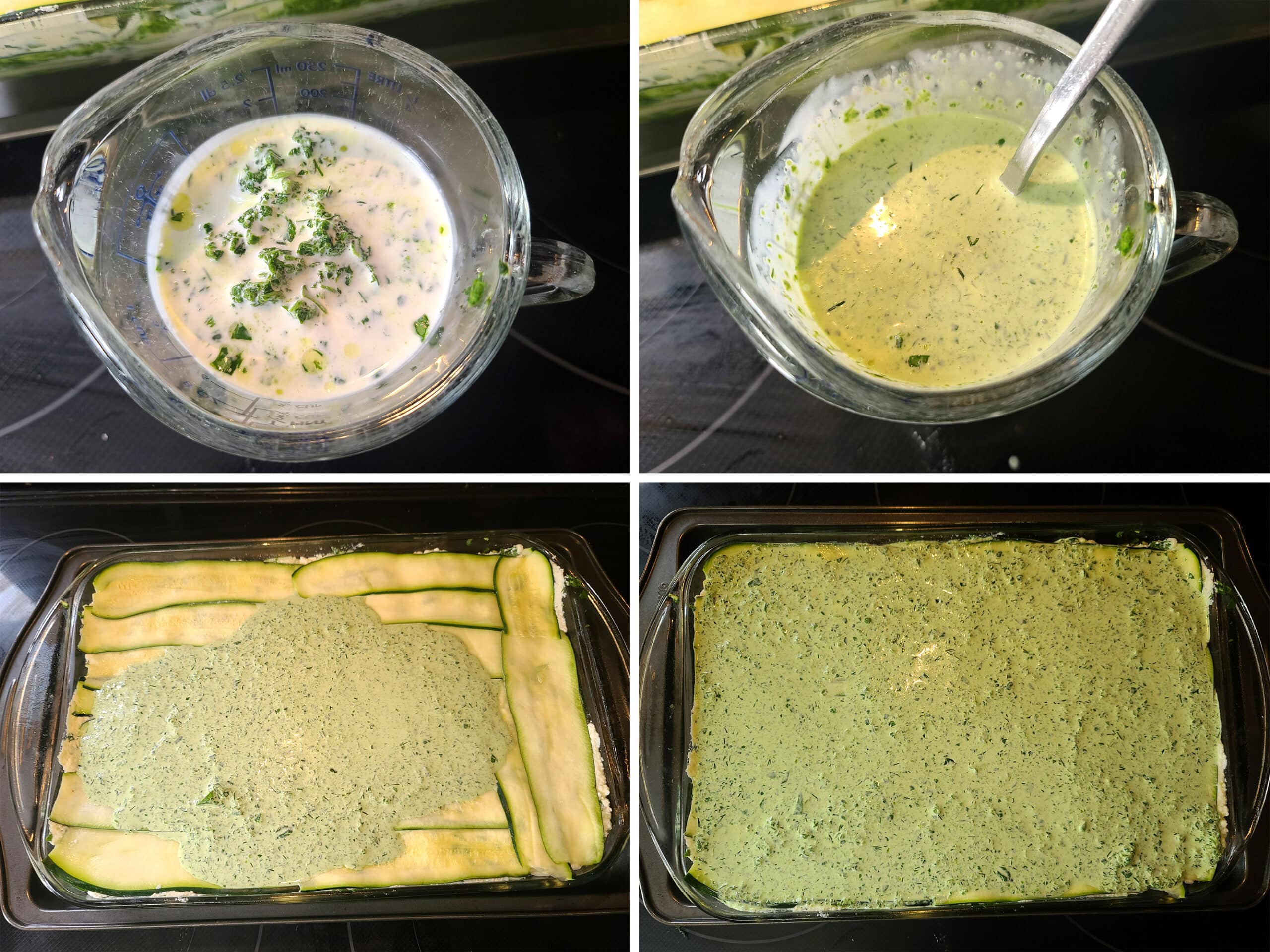 2 part image showing the reserved spinach mixture being mixed with cream and spread over the assembled keto lasagna.