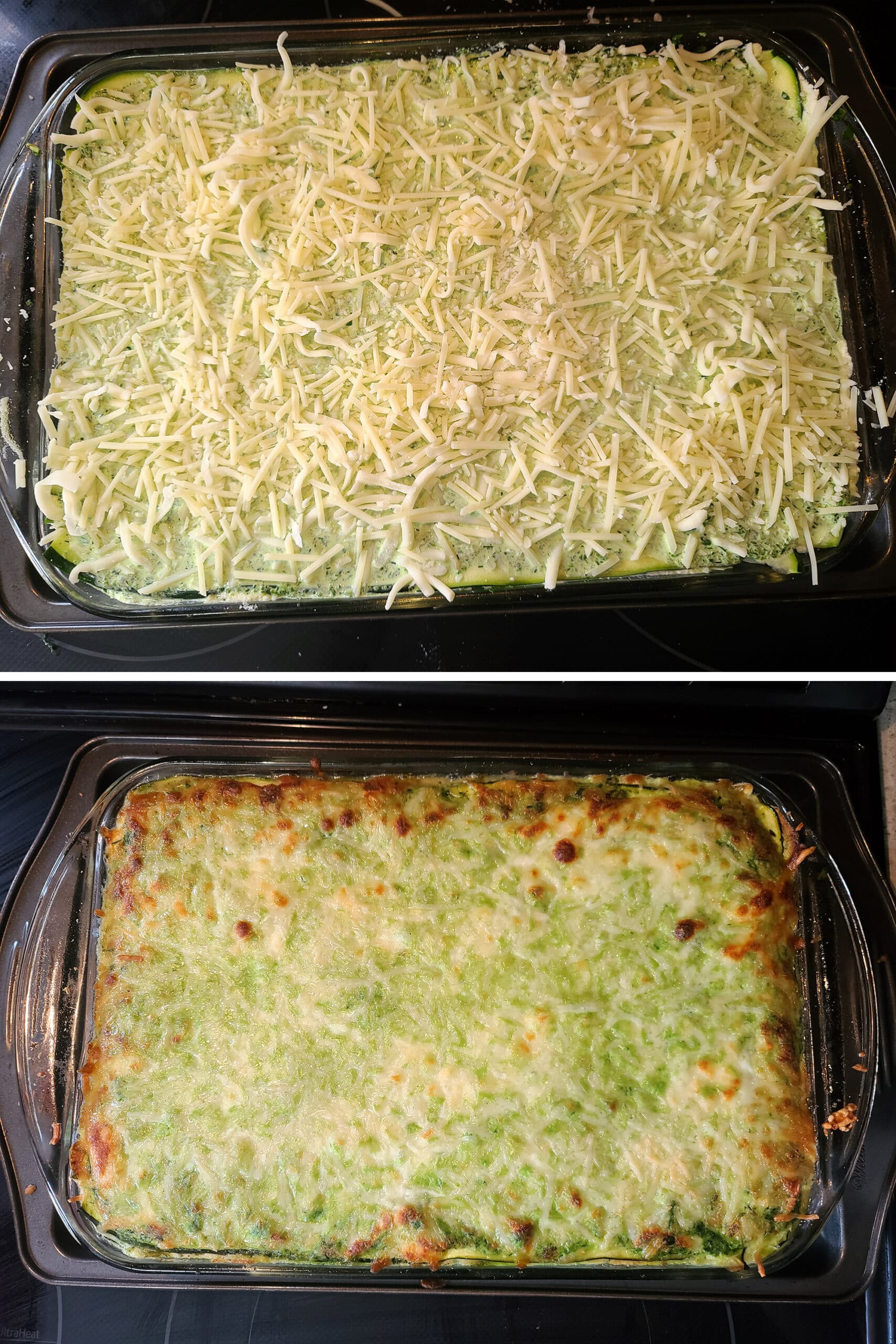 A pan of keto spinach feta lasagna, before and after baking.
