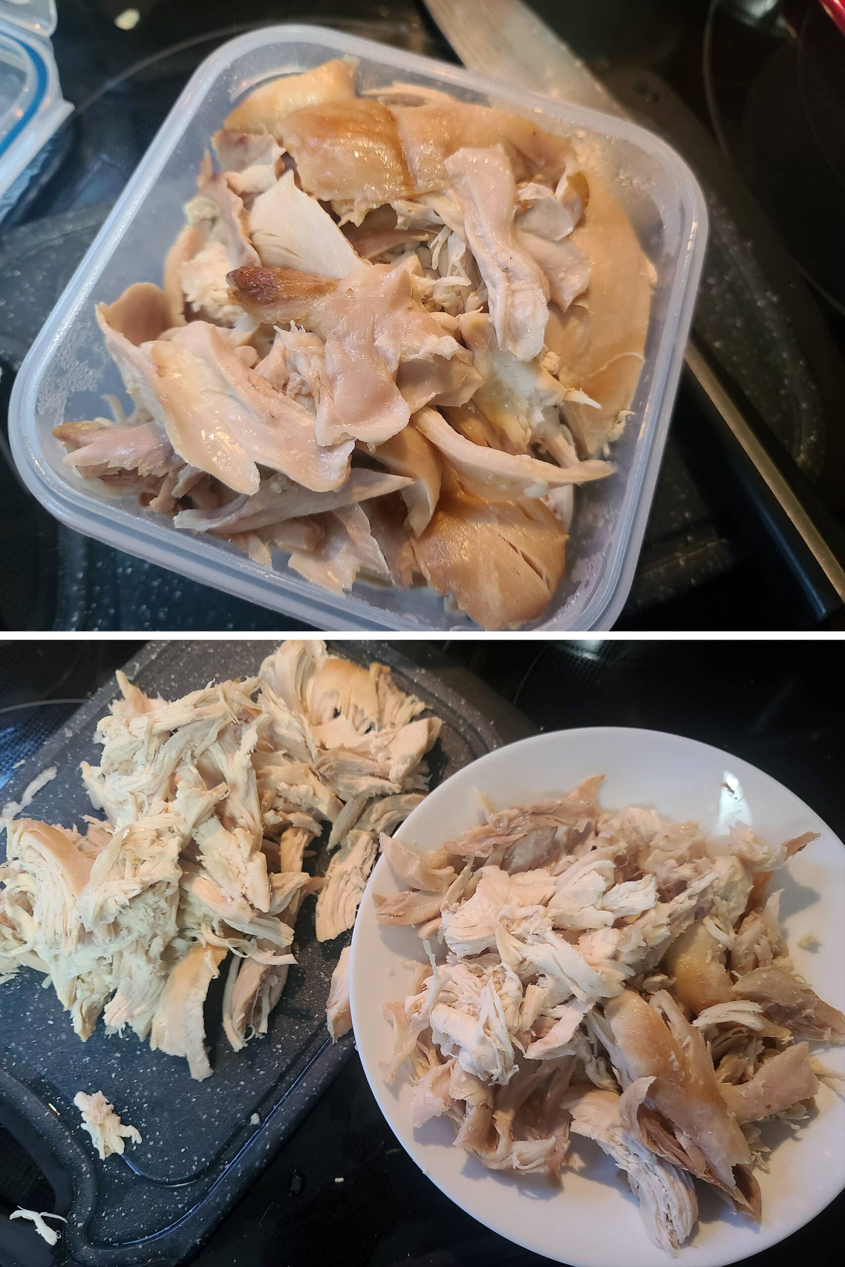 2 part image showing a container of cooked chicken being ripped into bite sized pieces.