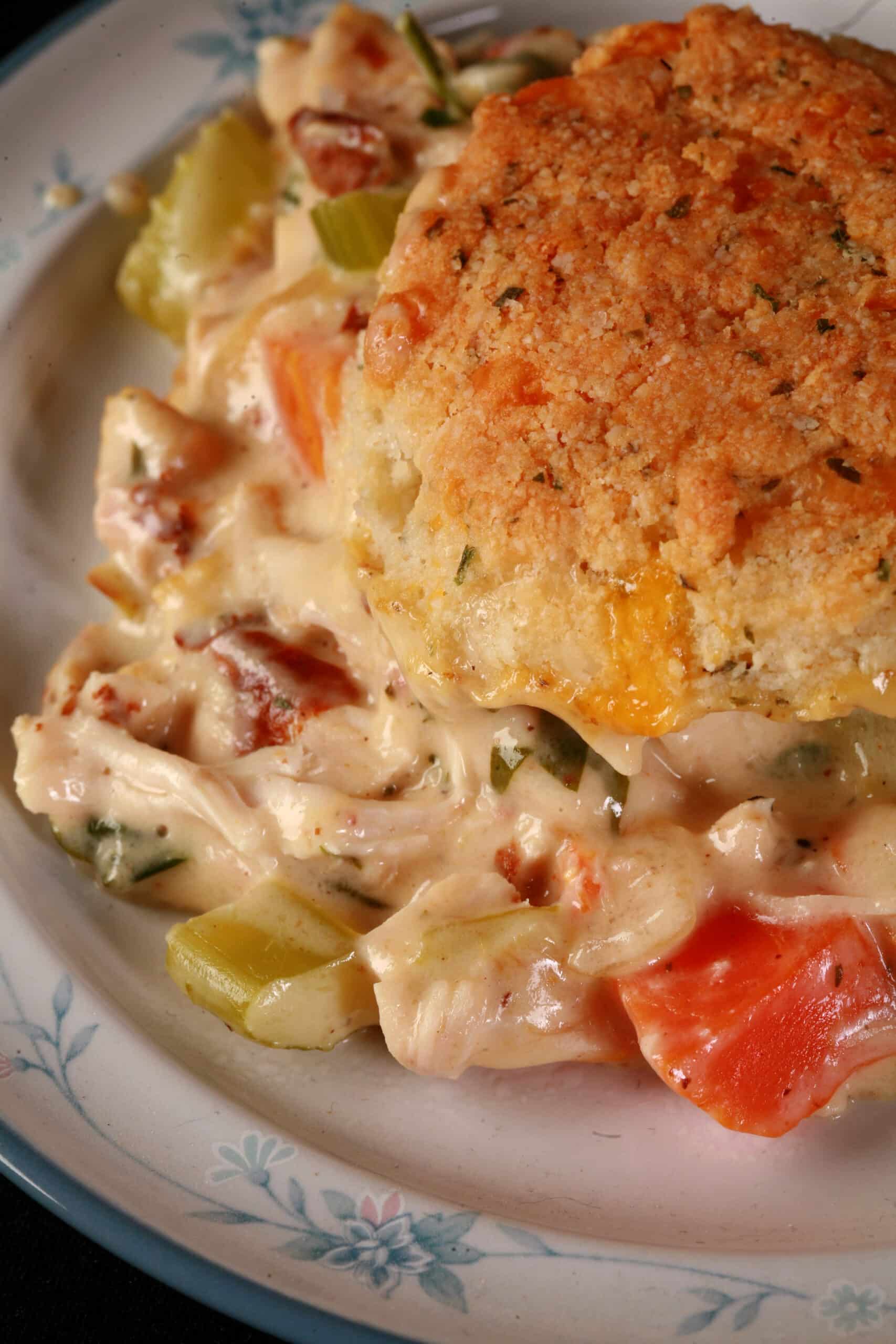 Close up view of a serving of keto pot pie casserole.