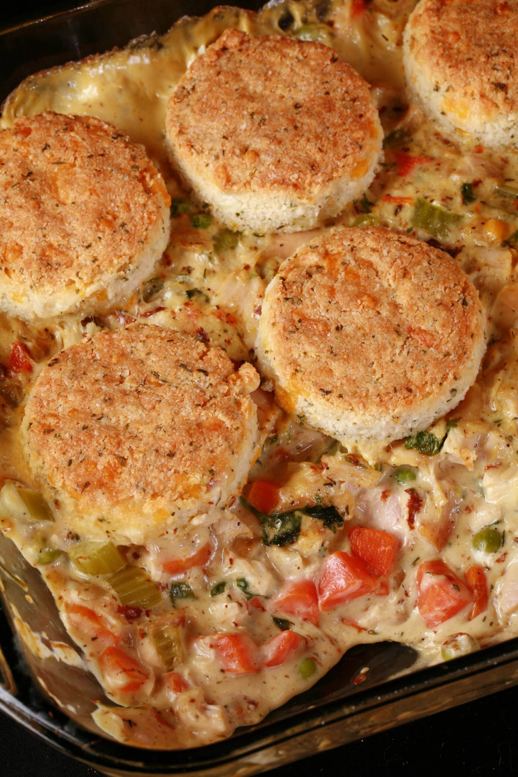 Close up view of a serving of keto chicken pot pie casserole.