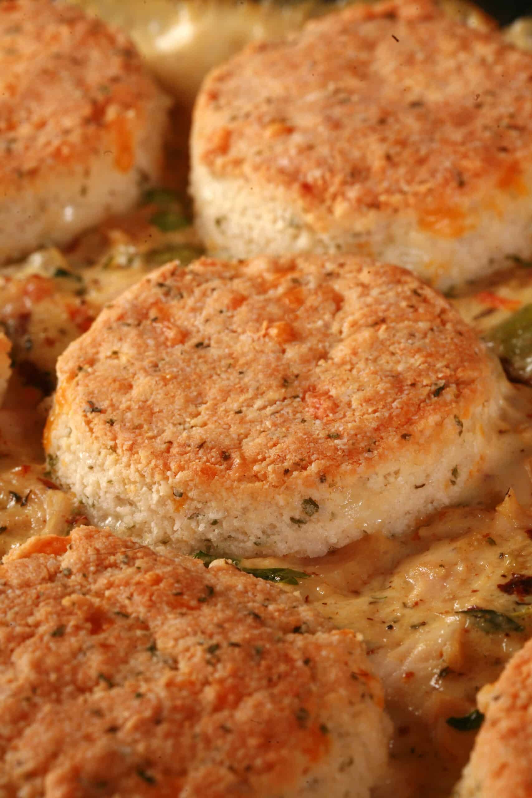 Close up view of a pan of low carb pot pie.