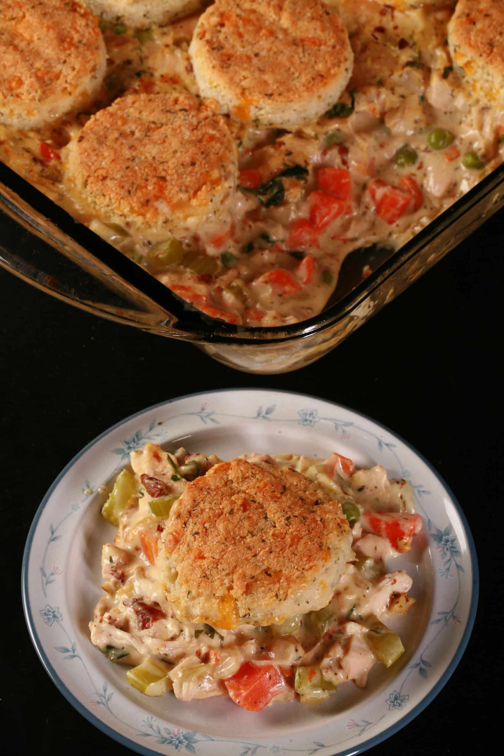 Close up view of a pan of keto chicken pot pie casserole.