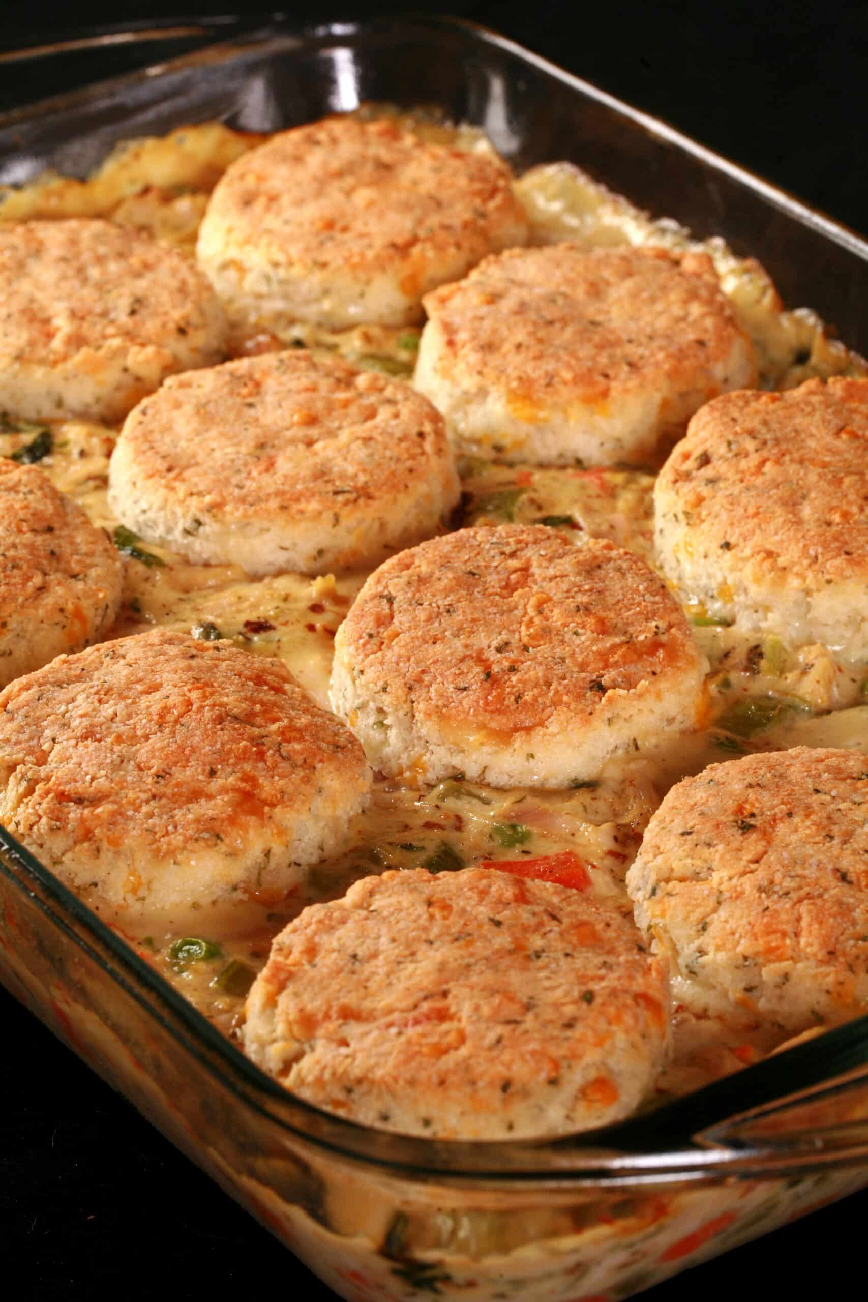 Close up view of a pan of keto pot pie casserole.