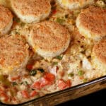 Close up view of a pan of low carb chicken pot pie.