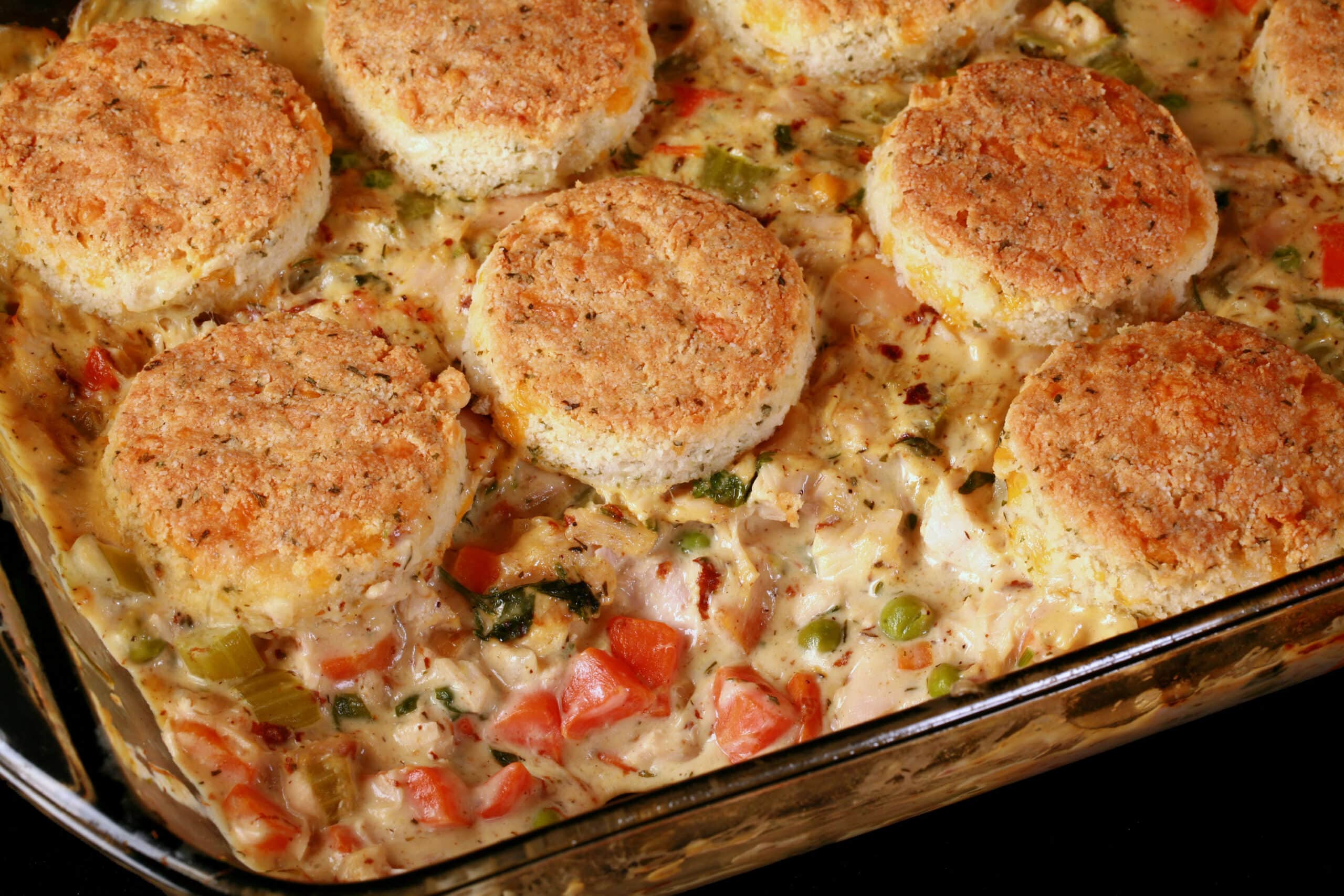 Close up view of a pan of low carb chicken pot pie.
