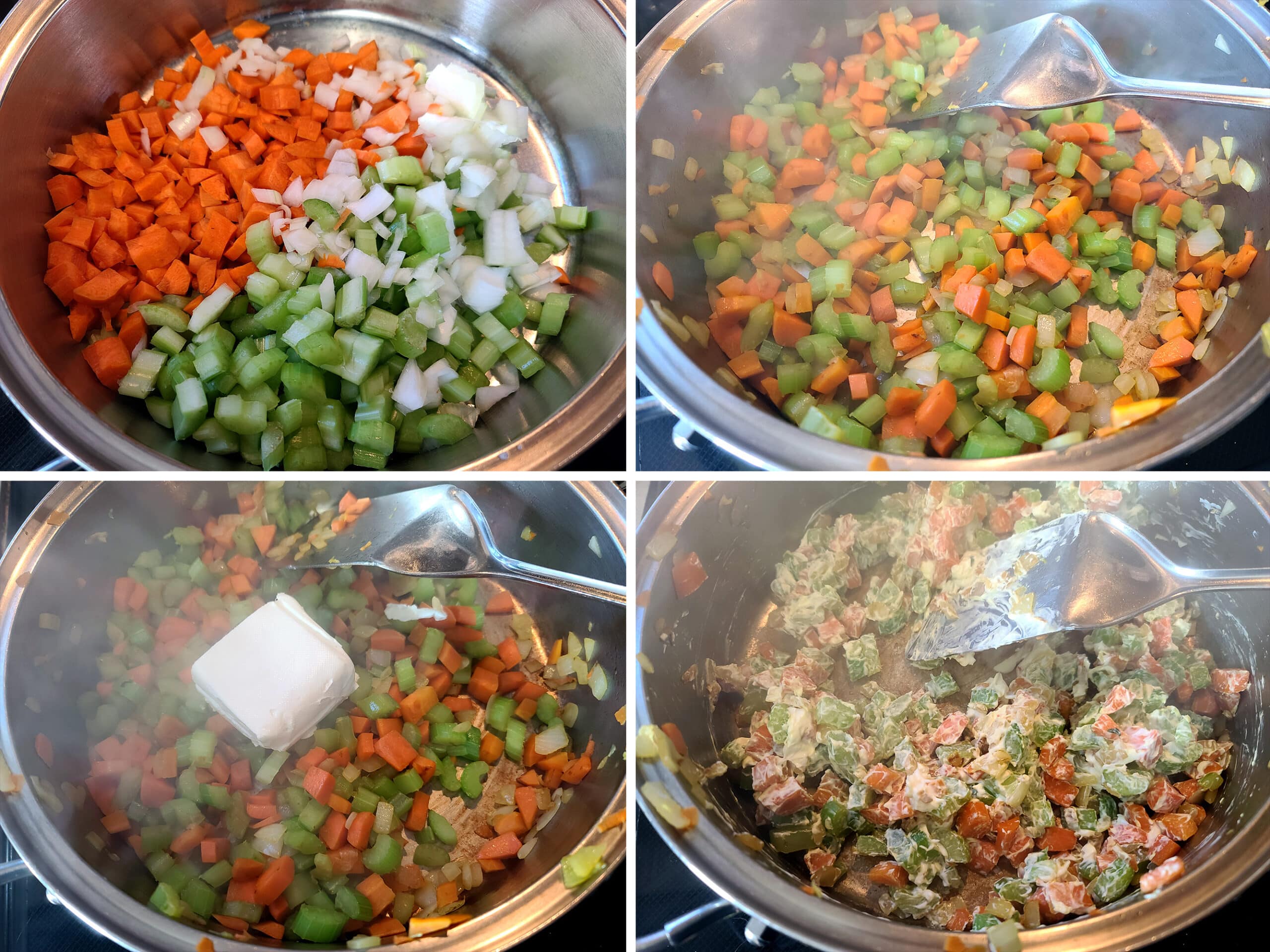 4 part image showing vegetables cooking, then cream cheese being mixed in.