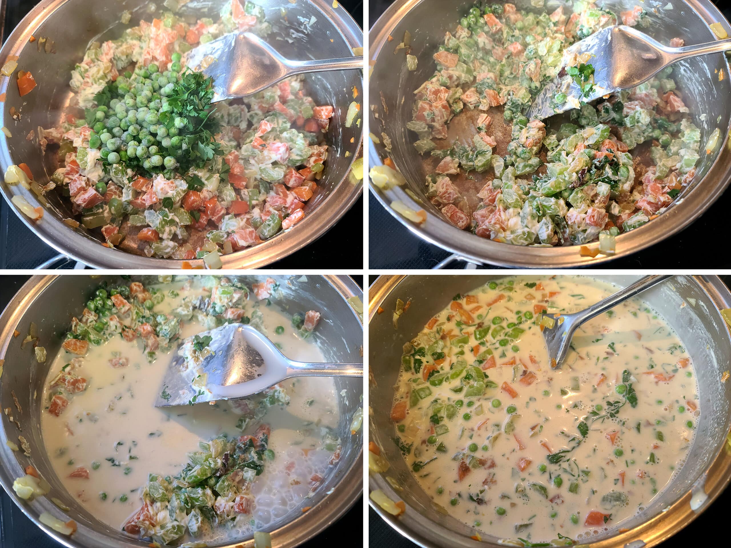 4 part image showing the parsley and peas being mixed in, then the chicken stock and heavy cream being added.