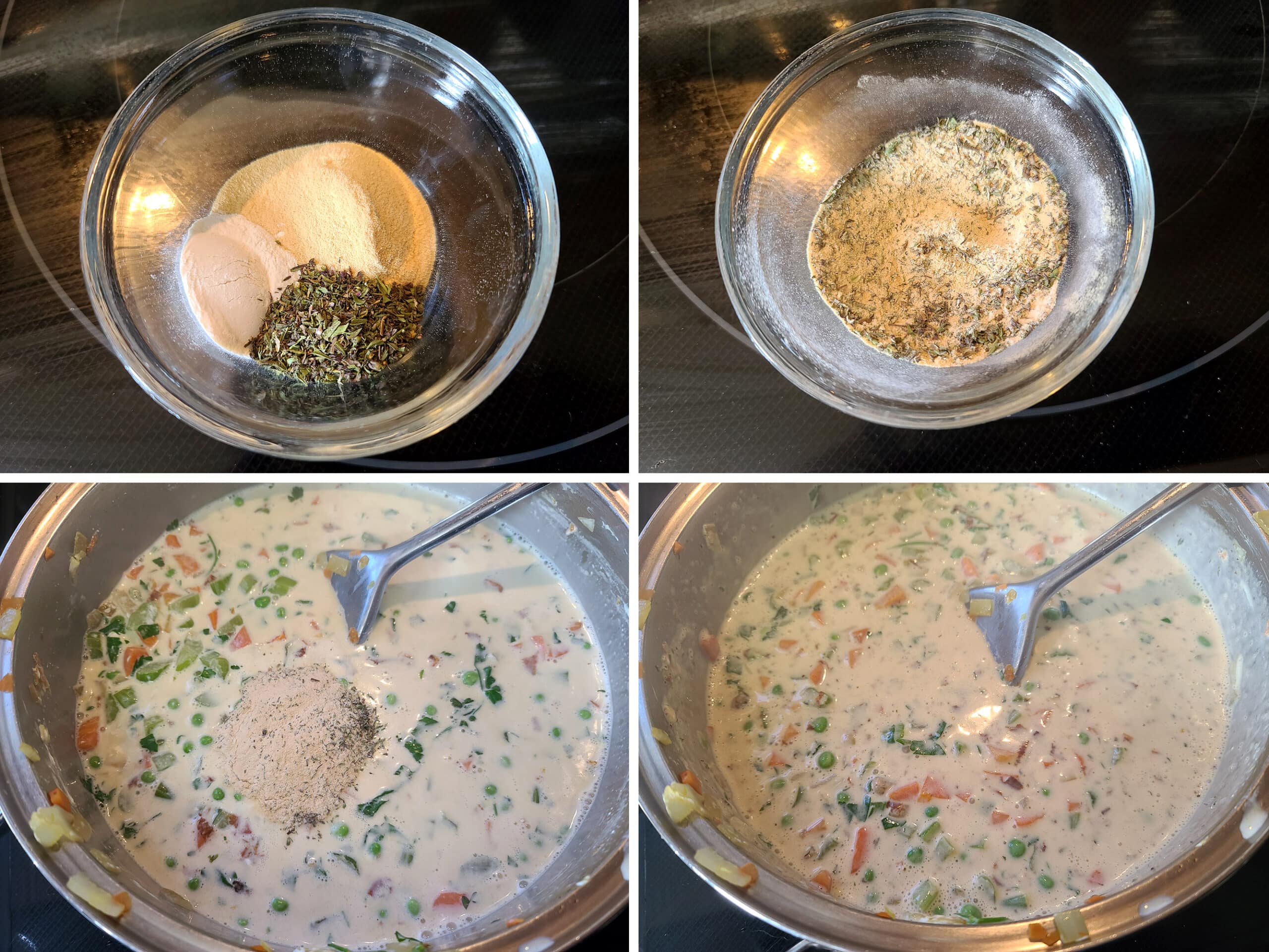 4 part image showing the seasonings being mixed with xanthan gum, then stirred into the filling.