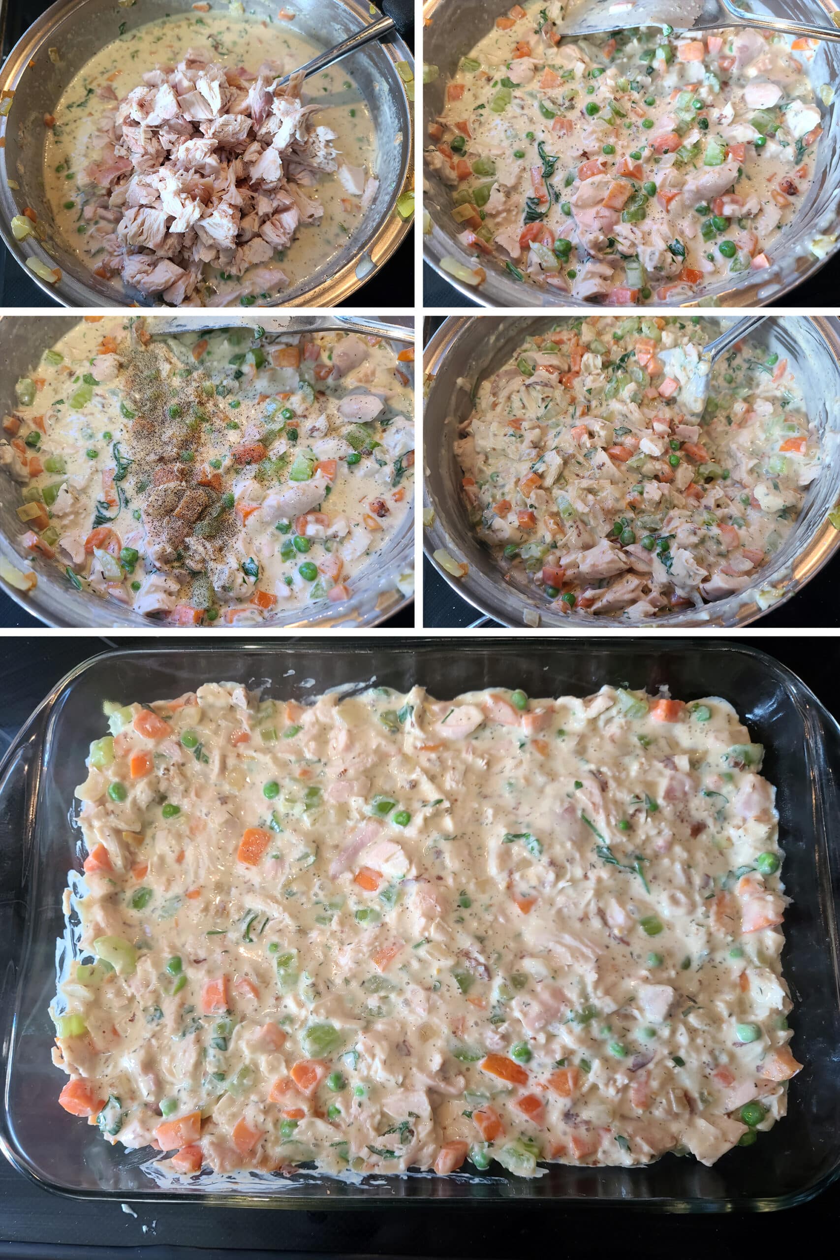 4 part image showing the chicken being added to the filling, seasoned with salt and pepper, and spread in a baking pan.