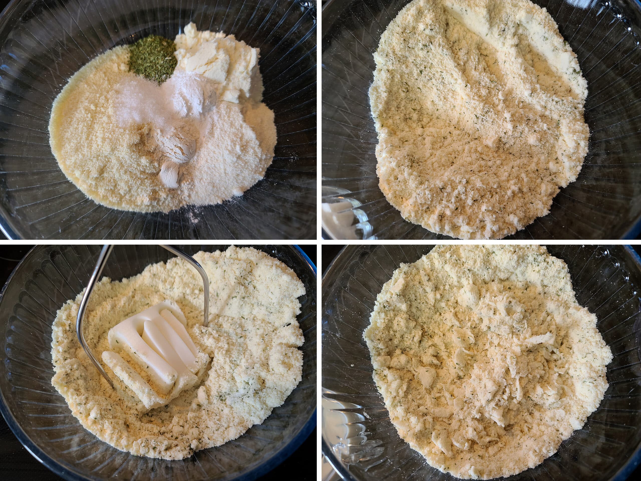 4 part image showing the dry ingredients for the biscuit topping being mixed, then the lard being cut in.