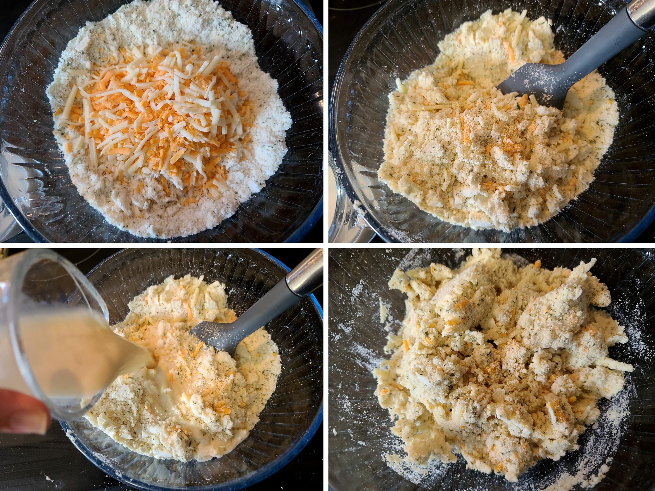 4 part image showing shredded cheese and milk being stirred into the keto biscuit mix.