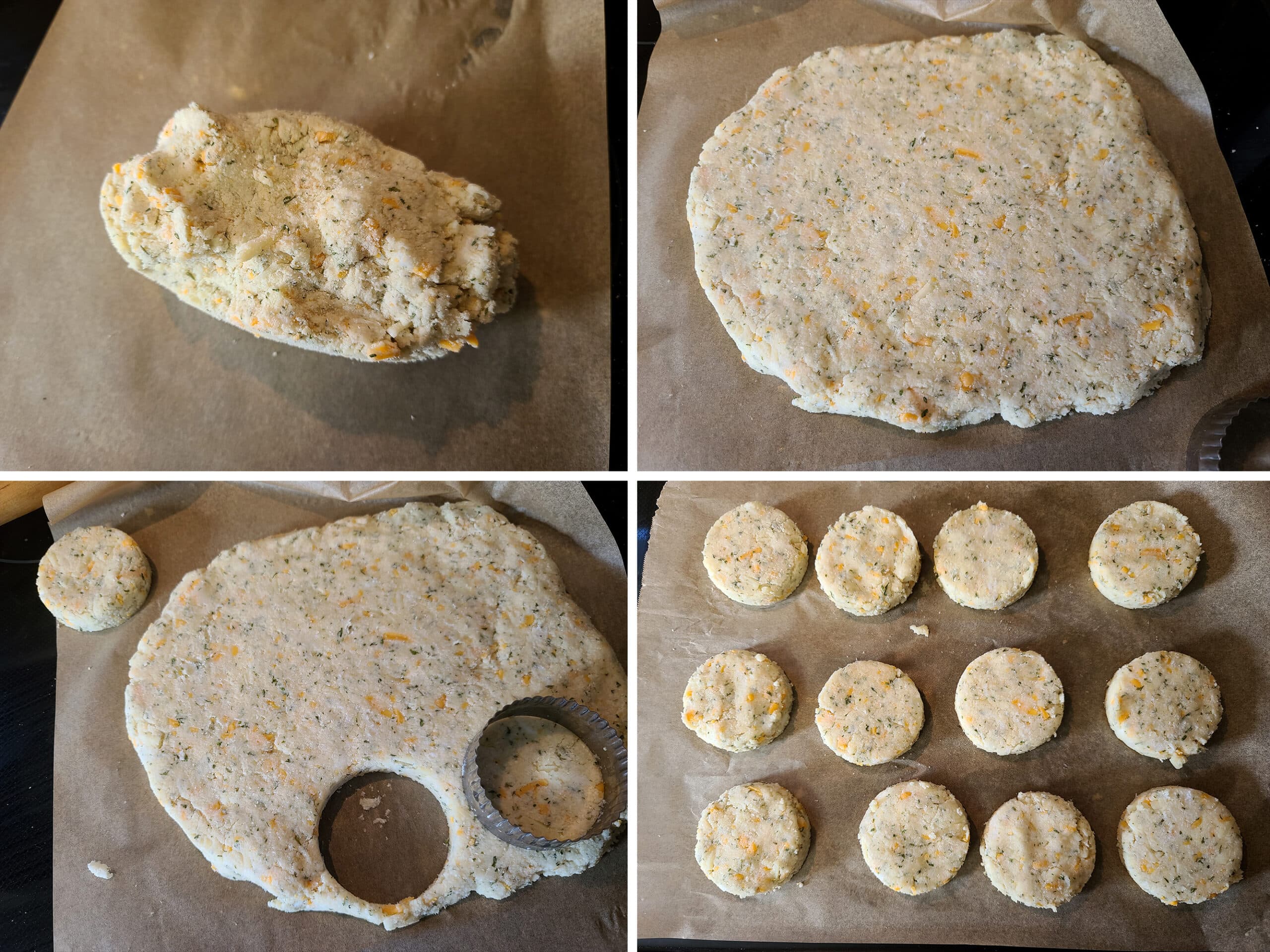 4 part image showing the keto biscuit dough being pressed out flat and cut into rounds.