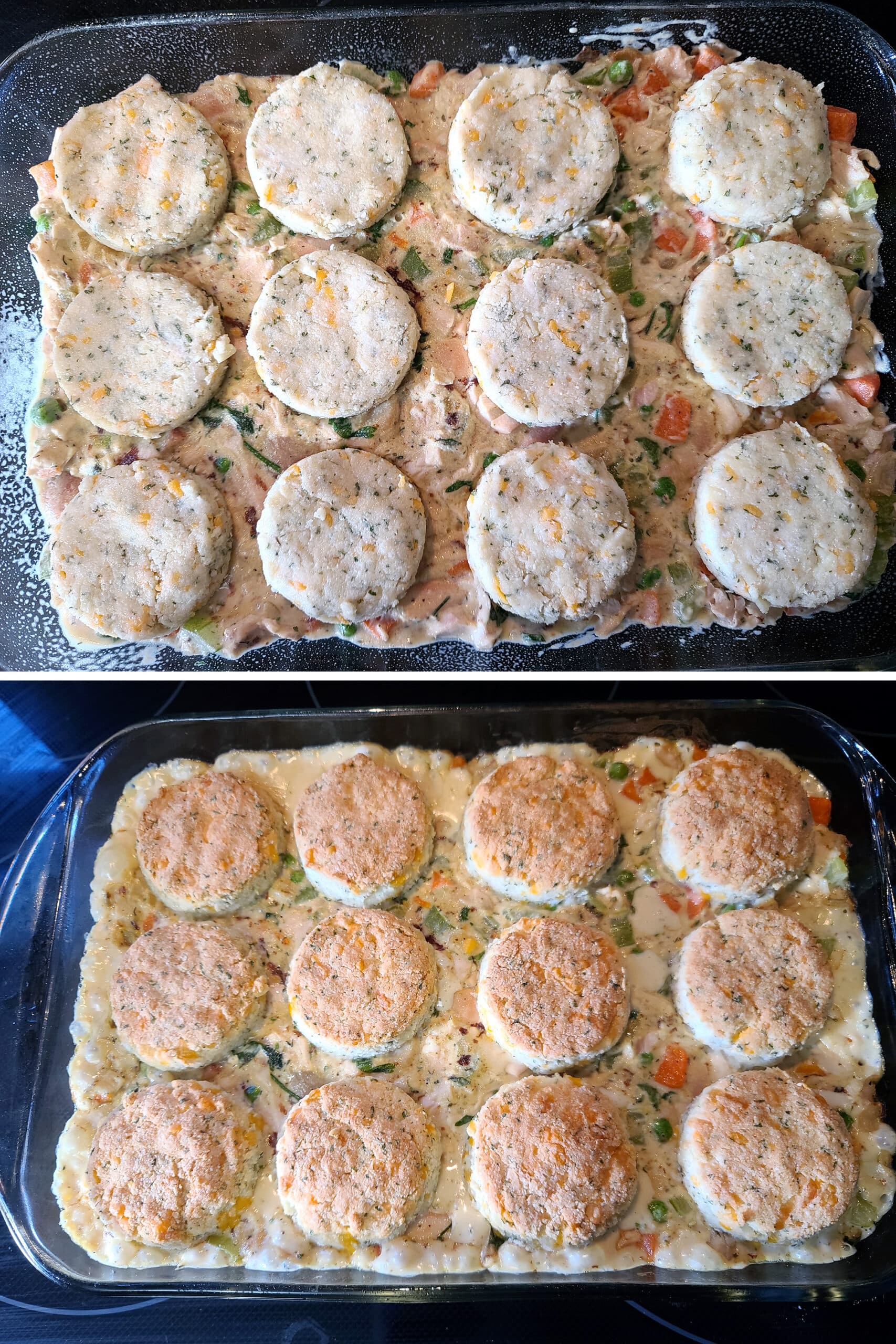 2 part image showing the biscuit topped keto chicken pot pie casserole, before and after being baked.