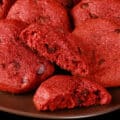 A plate of chewy keto red velvet cookies.