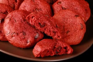 A plate of chewy keto red velvet cookies.