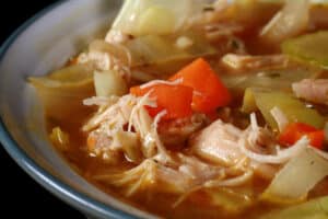 A bowl of keto cabbage chicken soup.