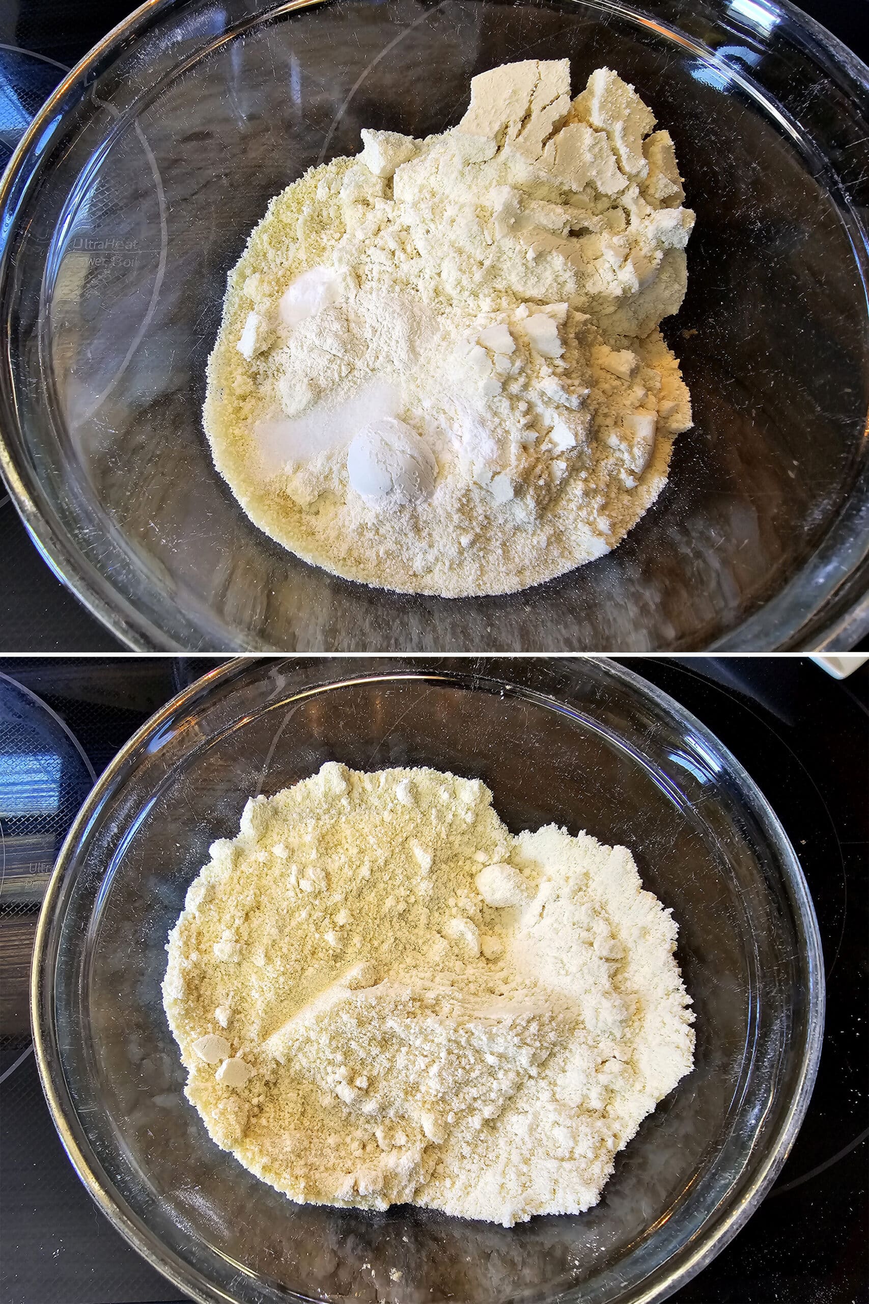 2 part image showing the dry ingredients being mixed.