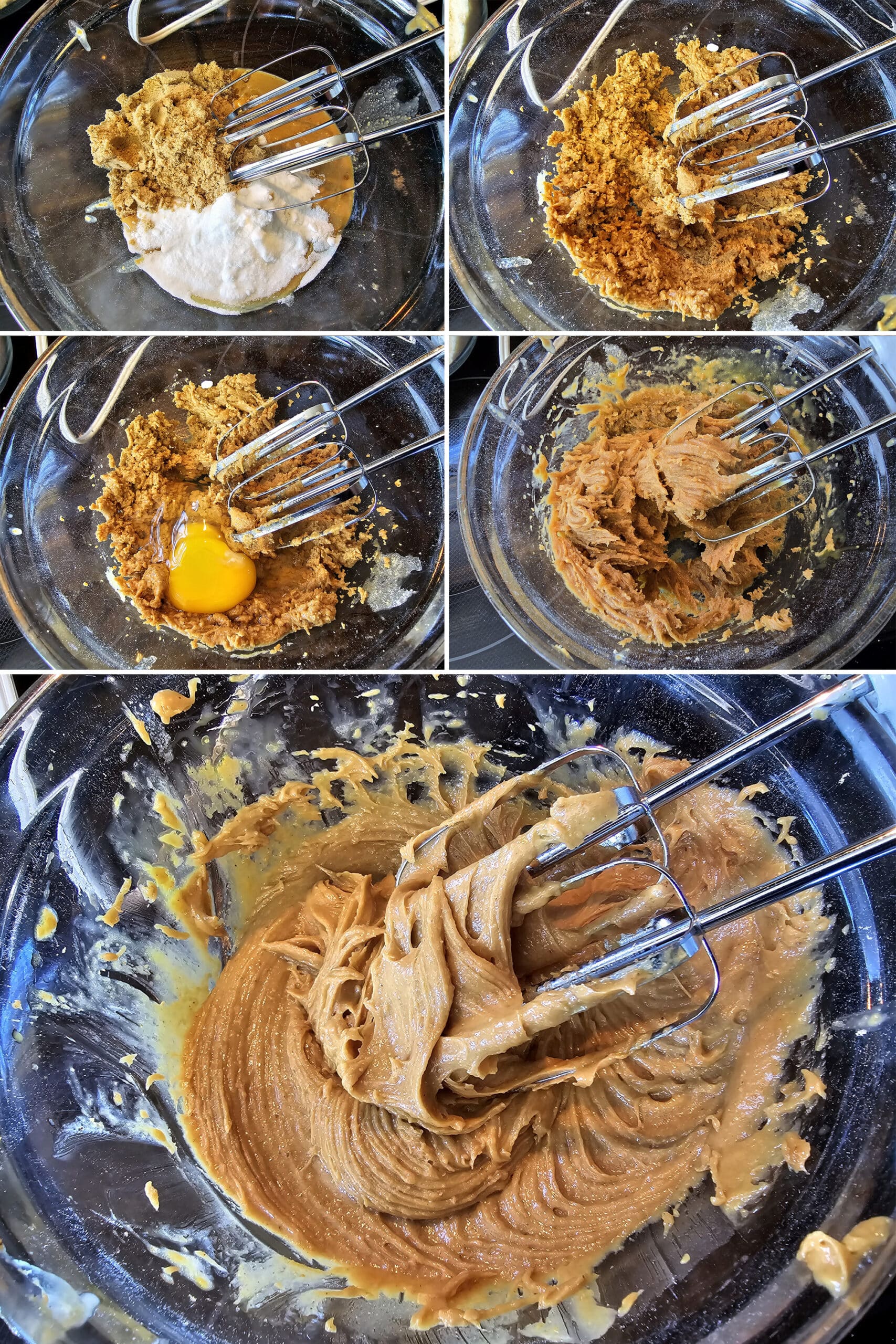 5 part image showing the peanut butter, sweeteners, eggs, and vanilla being creamed.