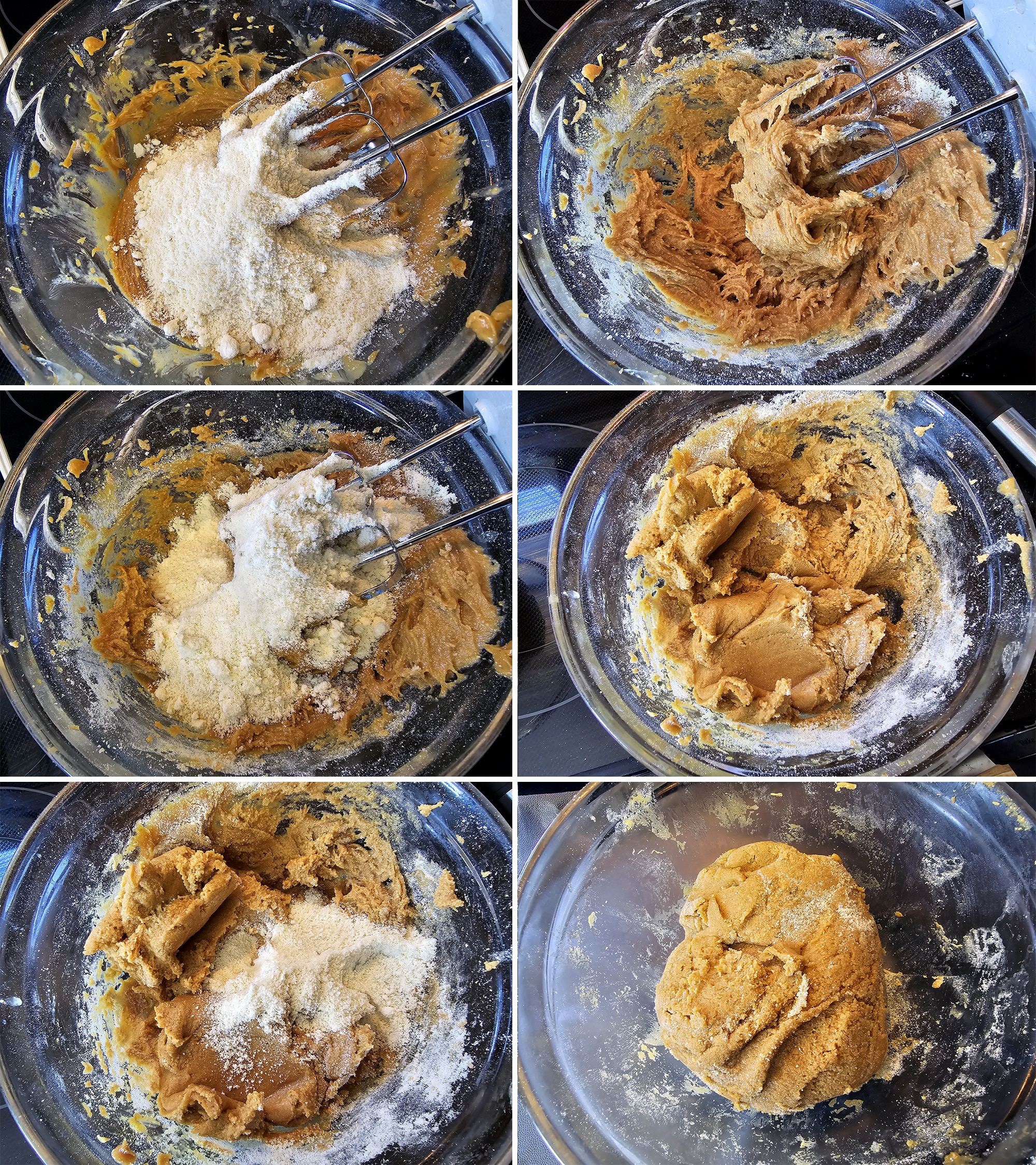 6 part image showing the dry ingredients being beaten into the wet mixture a bit at a time to form a keto peanut butter cookie dough.