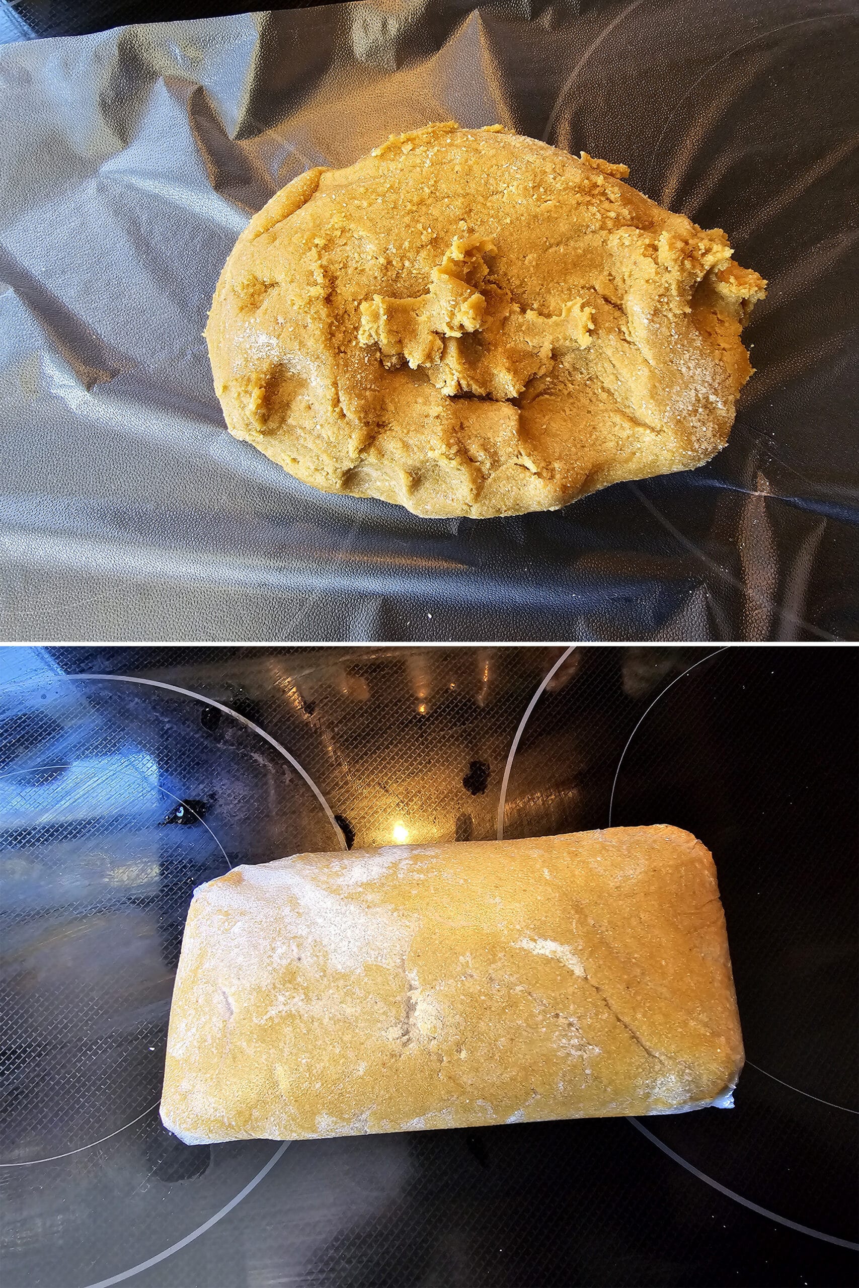 The keto peanut butter cookie dough being wrapped in plastic wrap.