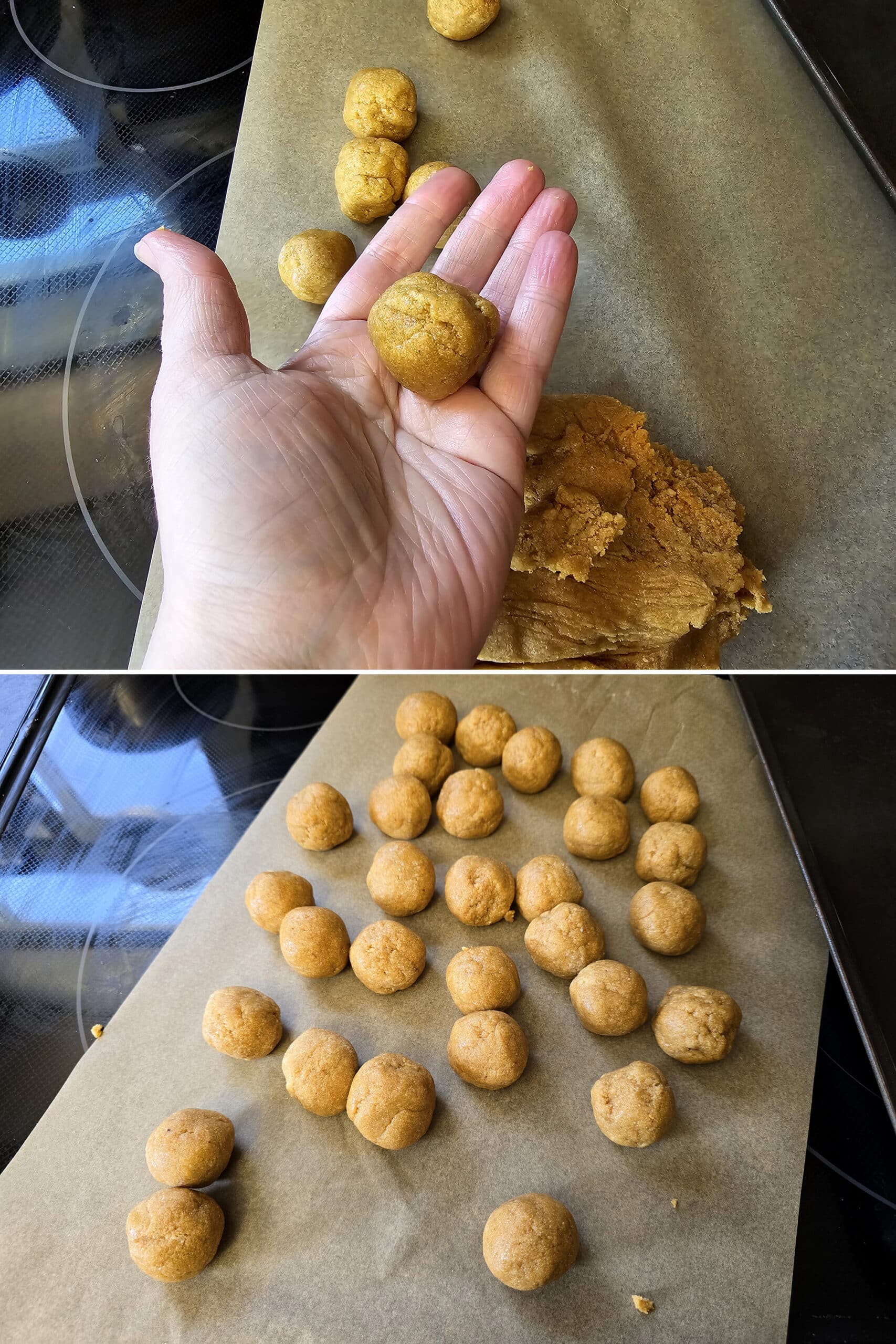 2 part image showing the keto peanut butter cookie dough being rolled into small balls.