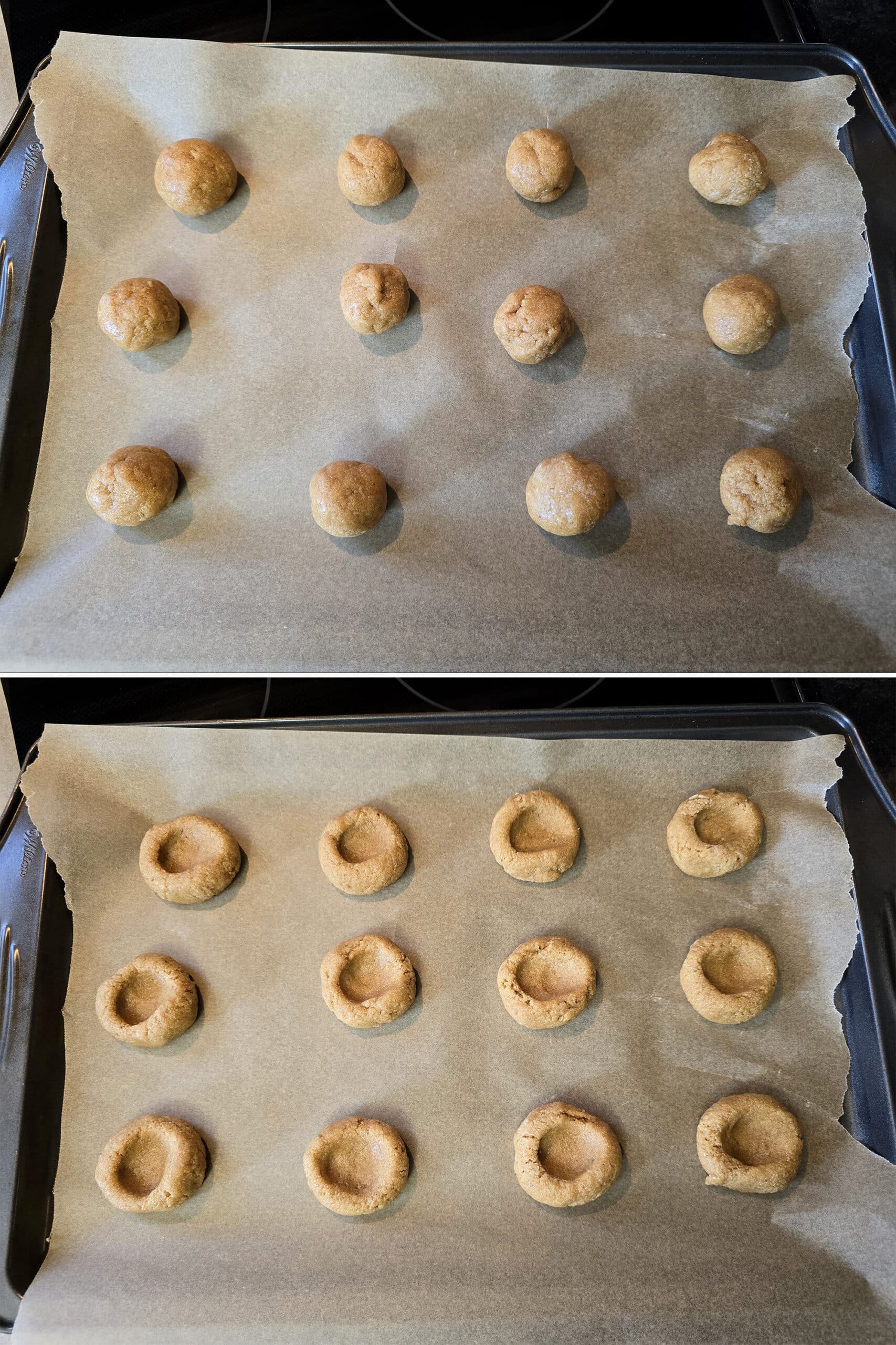 2 part image showing the keto peanut butter cookie dough balls being arranged on parchment lined baking sheets and having thumb prints pressed into them.