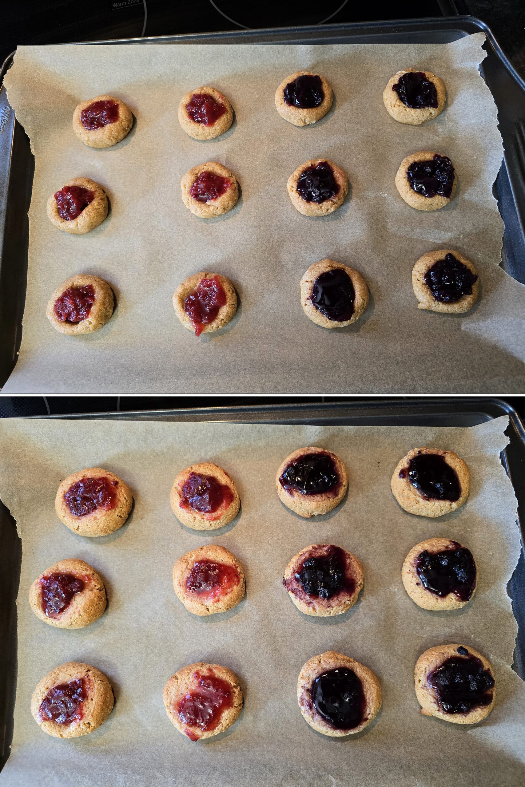 2 part image showing the keto peanut butter thumbprint cookies being topped with sugar free jam, then baked.