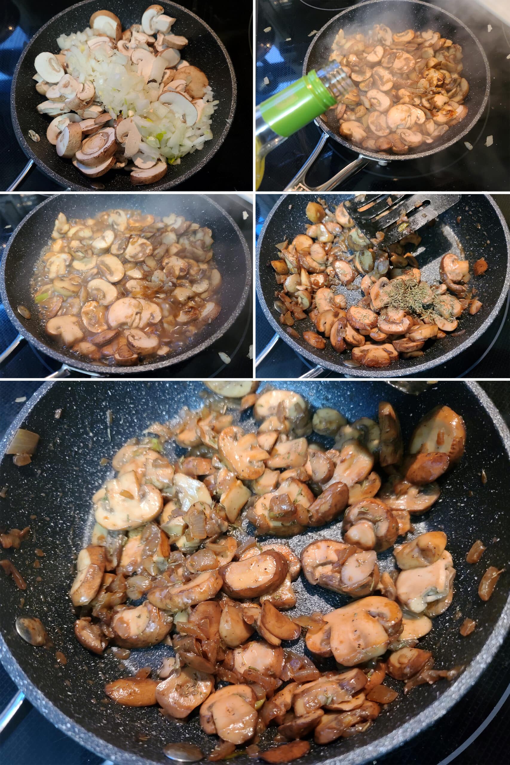 5 part image showing the onion and mushroom mixture being sauteed and seasoned.