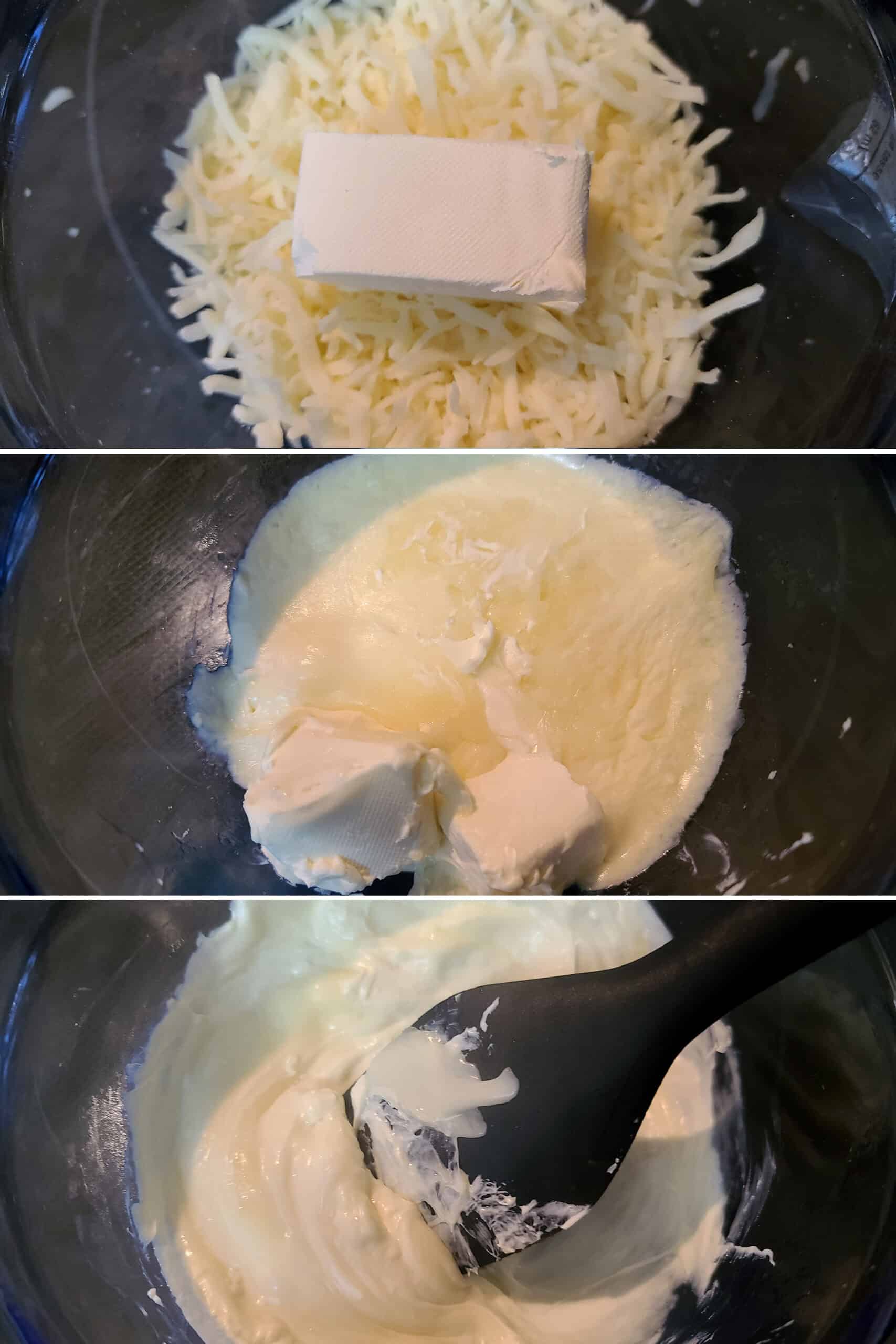 3 part image showing mozzarella and cream cheese being melted together and mixed.