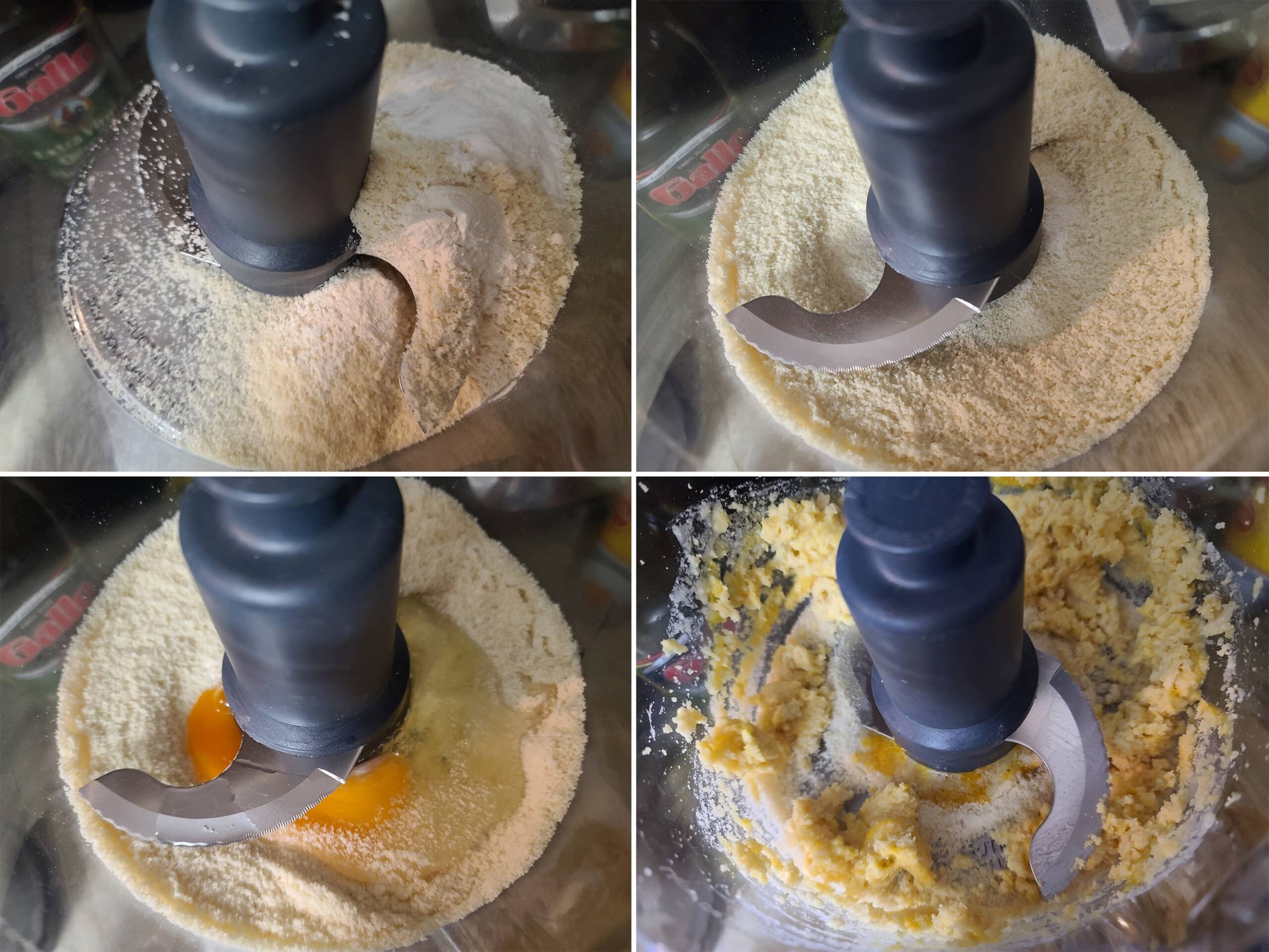 4 part image showing the dry ingredients and egg being blitzed in a food processor.