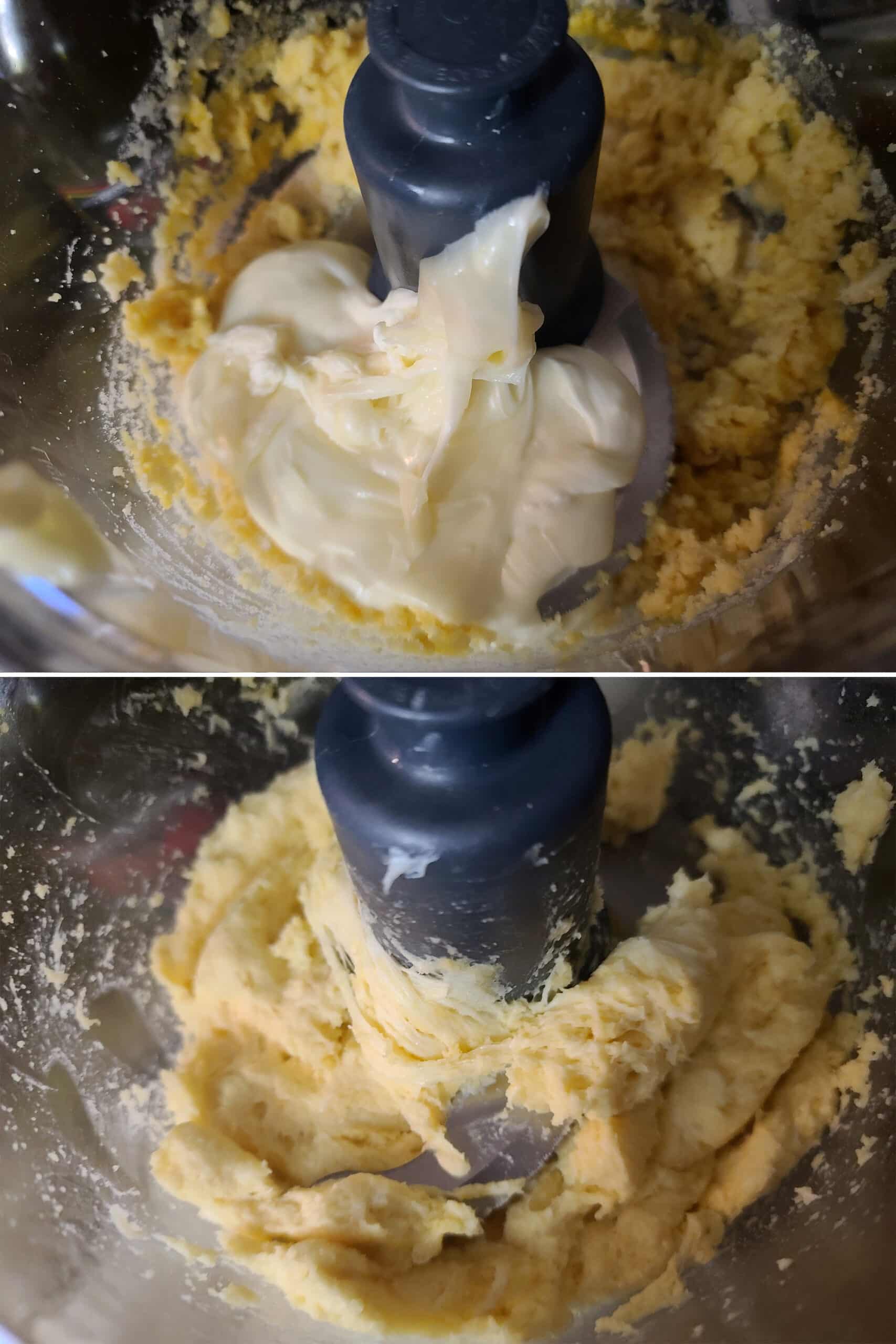 2 part image showing the melted cheese mixture being added to the food processor and blended to form the fathead dough.