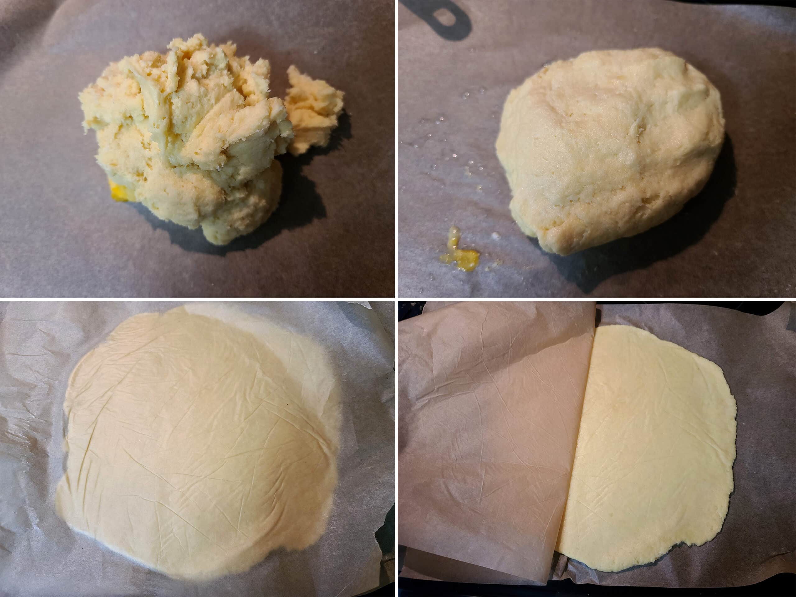 4 part image showing the fathead dough being kneaded smooth and rolled out between parchment paper sheets.