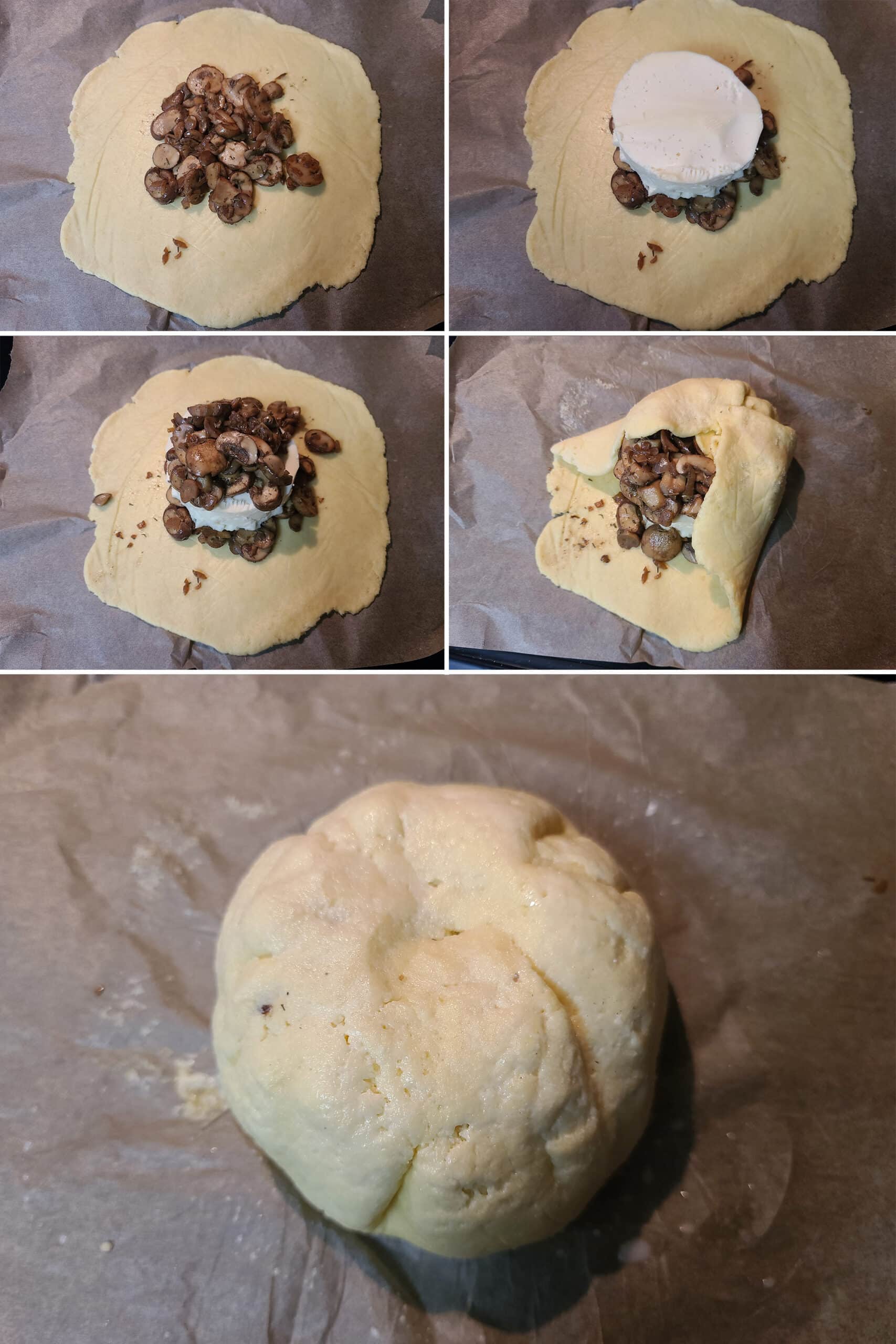 5 part image showing the dough being topped with the brie round and mushrooms, then folded up and sealed.