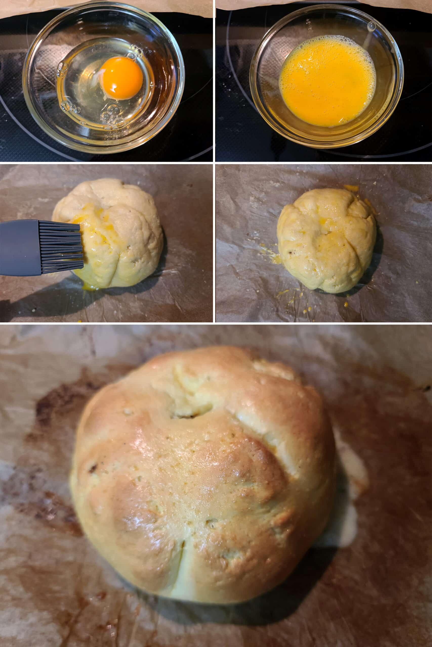 5 part image showing egg wash being brushed on the keto brie en croute, then the finished brie after baking.